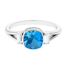 Rosec Jewels-Cushion Cut Swiss Blue Topaz Solitaire Ring with Diamond in Split Shank