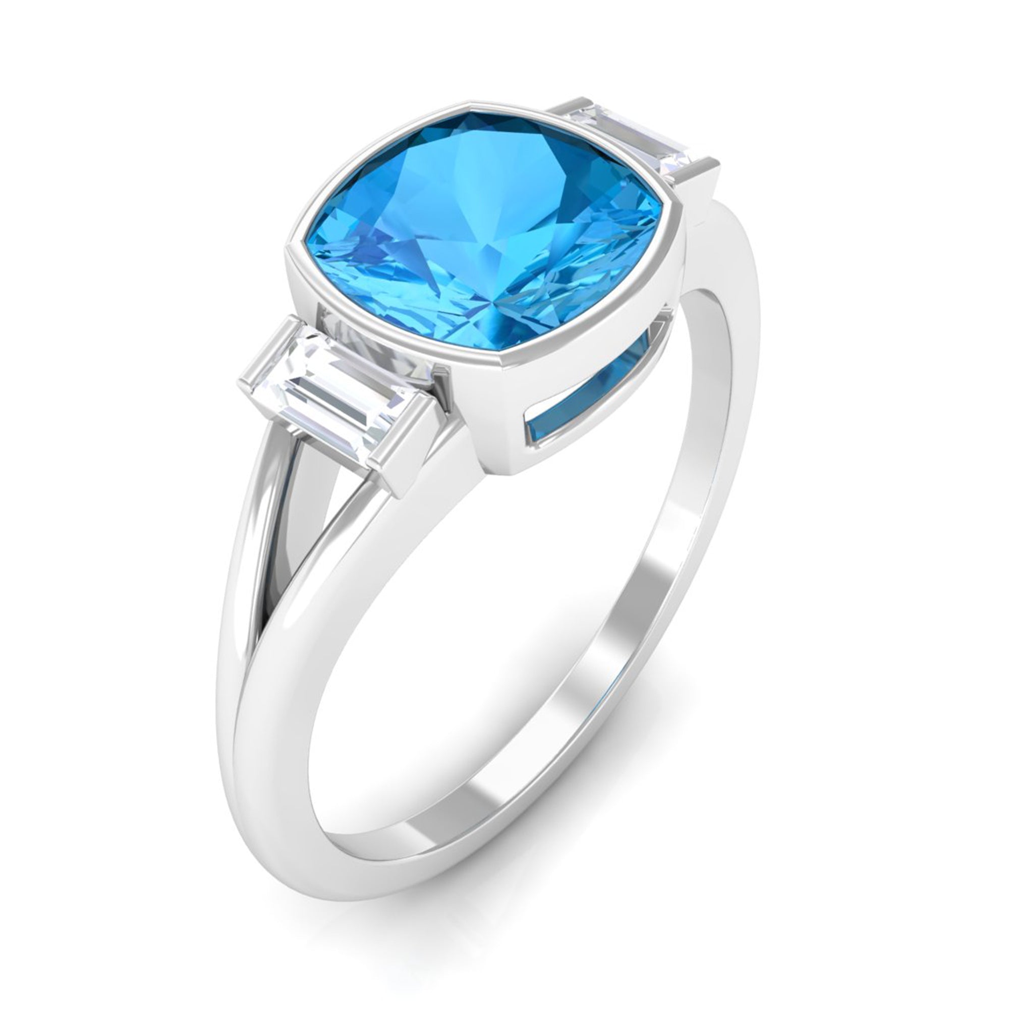 Rosec Jewels-Cushion Cut Swiss Blue Topaz Solitaire Ring with Diamond in Split Shank