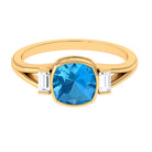 Rosec Jewels-Cushion Cut Swiss Blue Topaz Solitaire Ring with Diamond in Split Shank