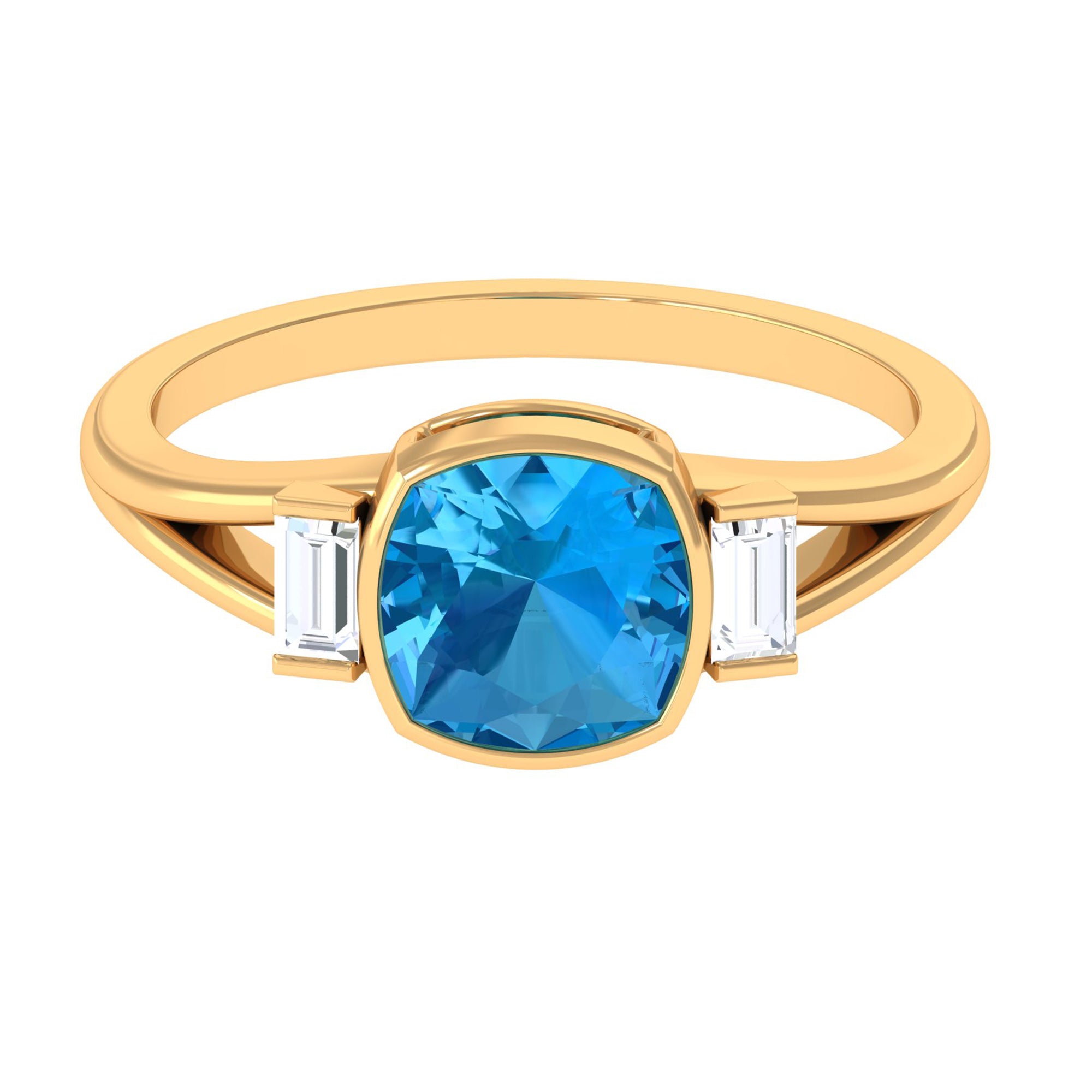 Rosec Jewels-Cushion Cut Swiss Blue Topaz Solitaire Ring with Diamond in Split Shank