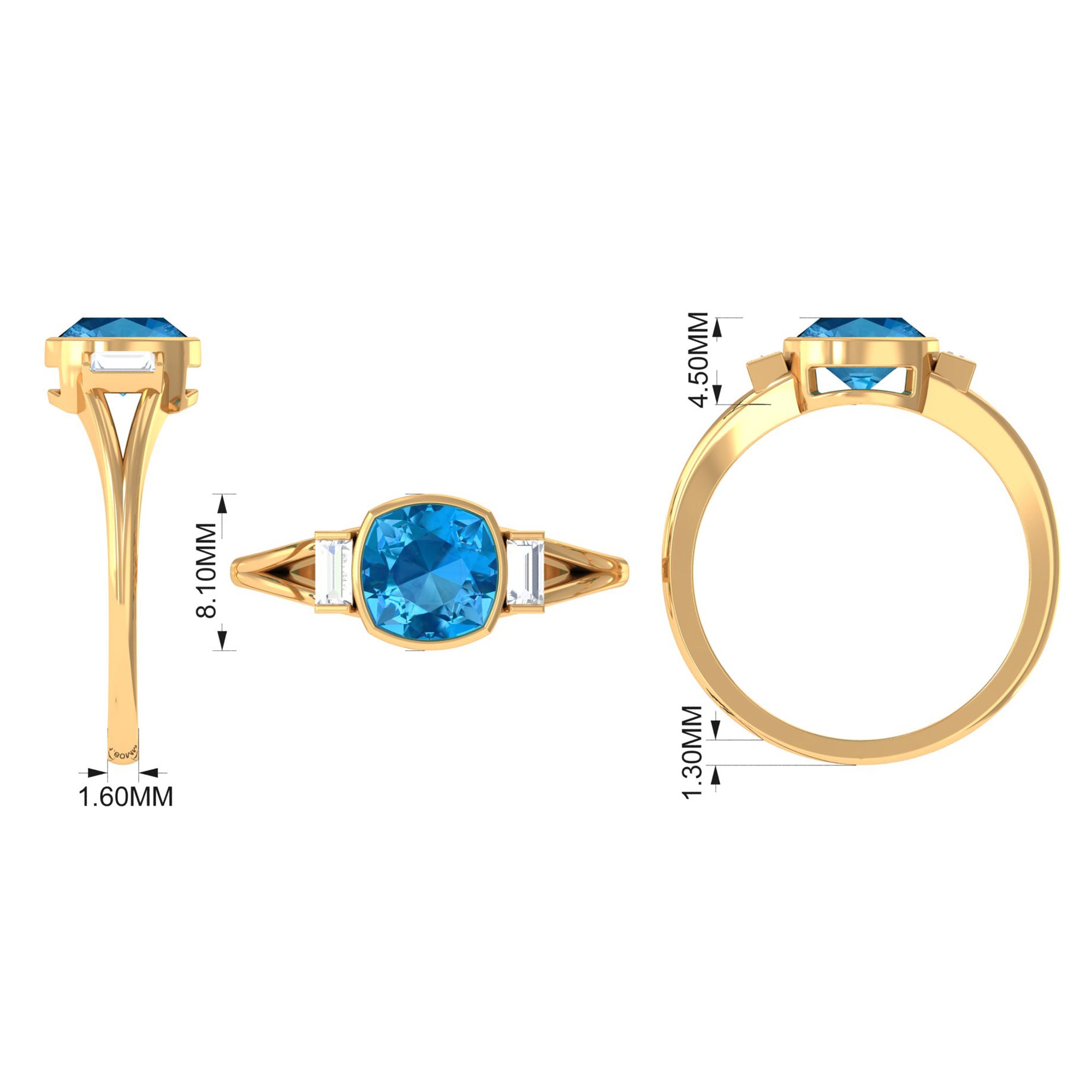 Rosec Jewels-Cushion Cut Swiss Blue Topaz Solitaire Ring with Diamond in Split Shank