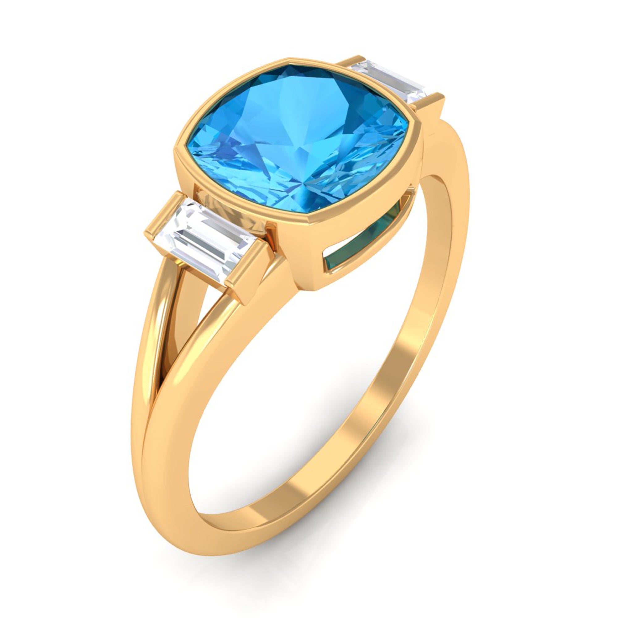 Rosec Jewels-Cushion Cut Swiss Blue Topaz Solitaire Ring with Diamond in Split Shank