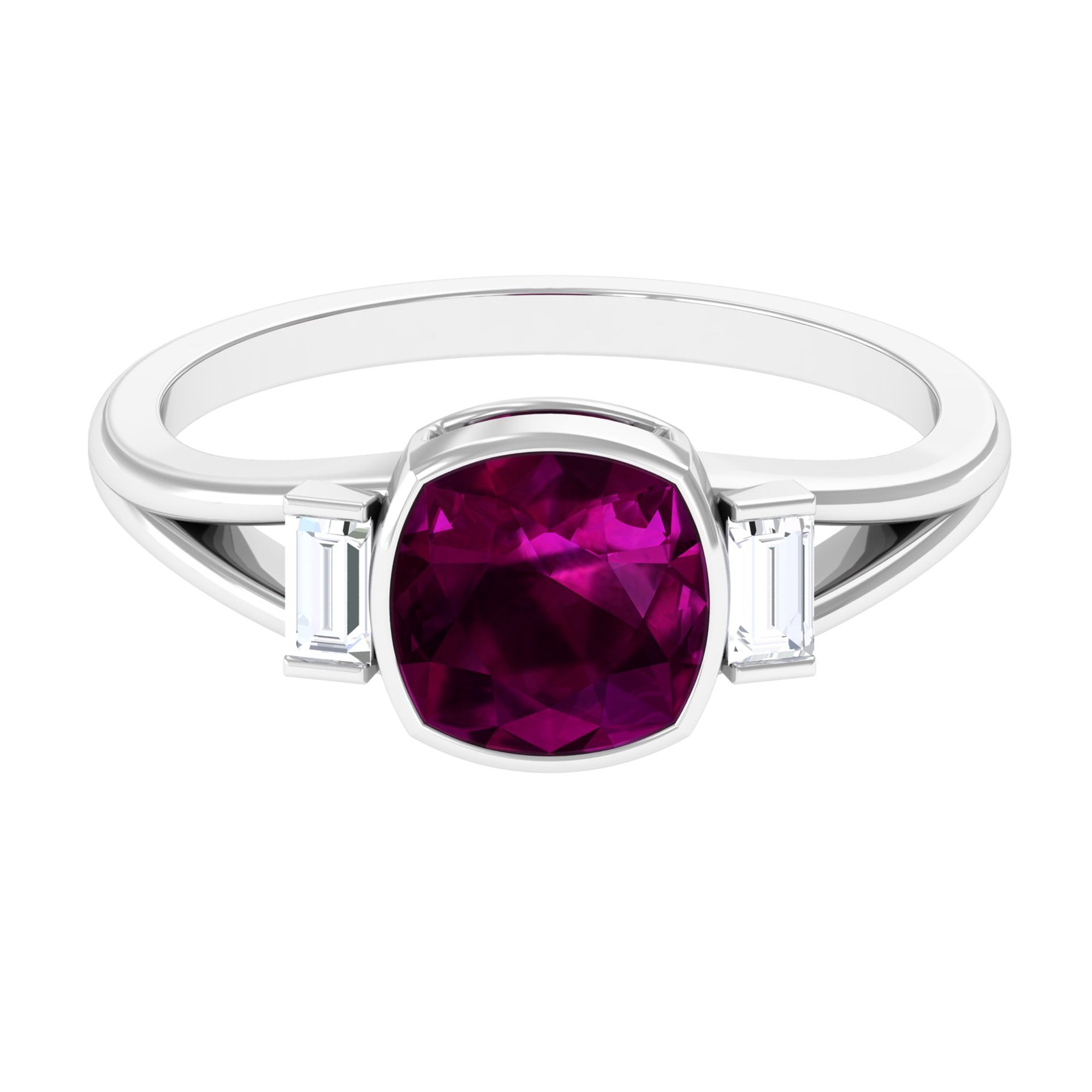 Rosec Jewels-3.25 CT Cushion Cut Rhodolite Solitaire Engagement Ring with Split Shank Diamond