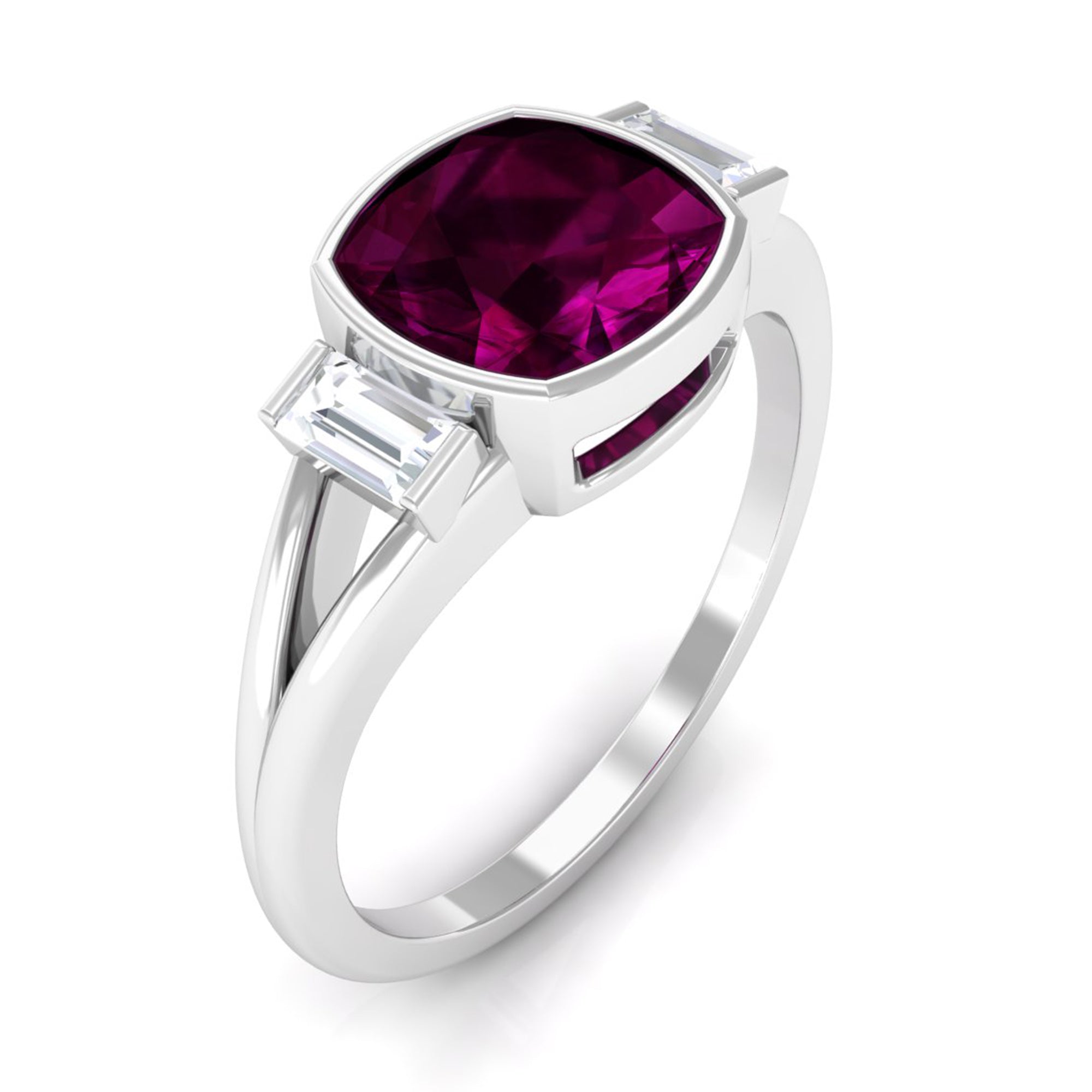 Rosec Jewels-3.25 CT Cushion Cut Rhodolite Solitaire Engagement Ring with Split Shank Diamond