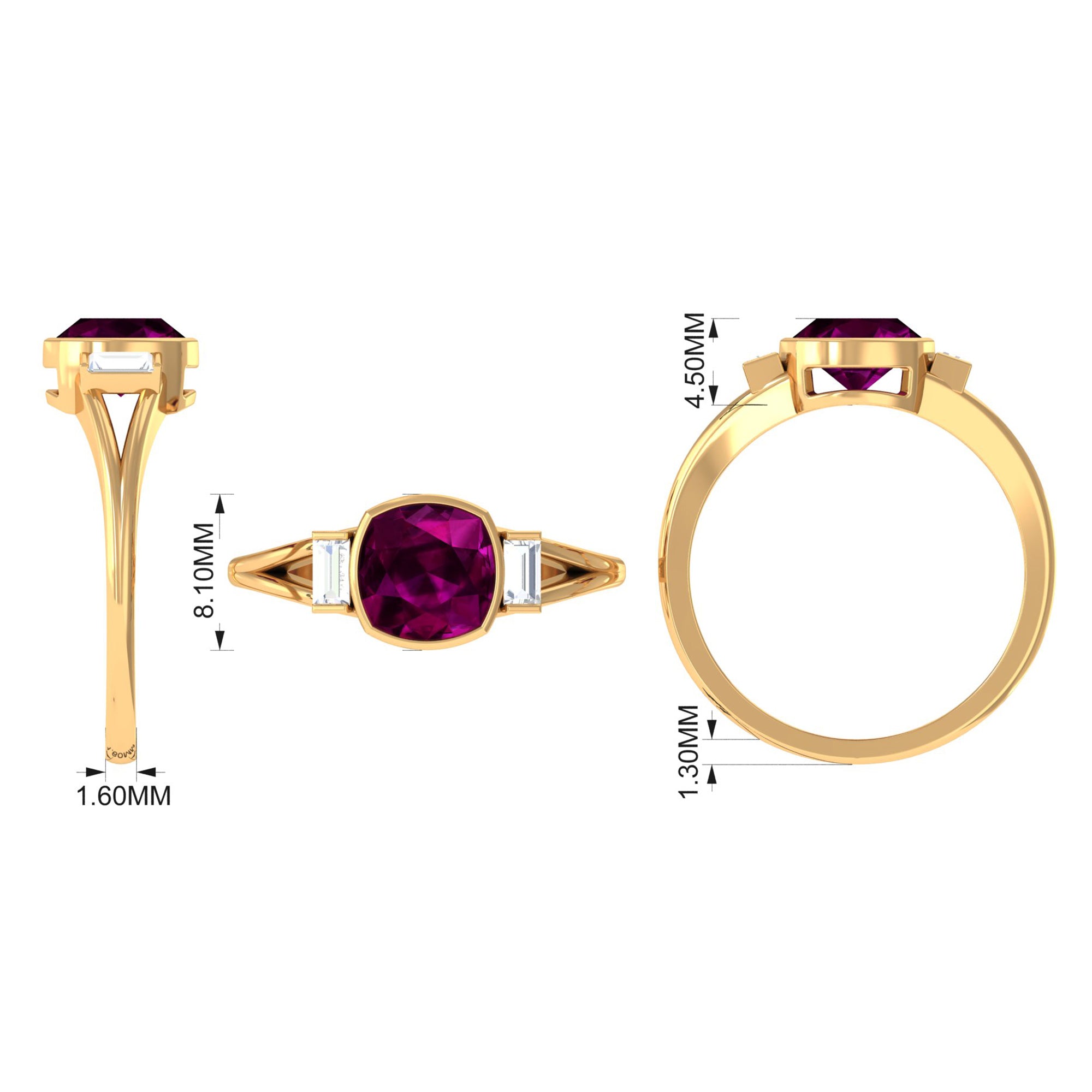 Rosec Jewels-3.25 CT Cushion Cut Rhodolite Solitaire Engagement Ring with Split Shank Diamond