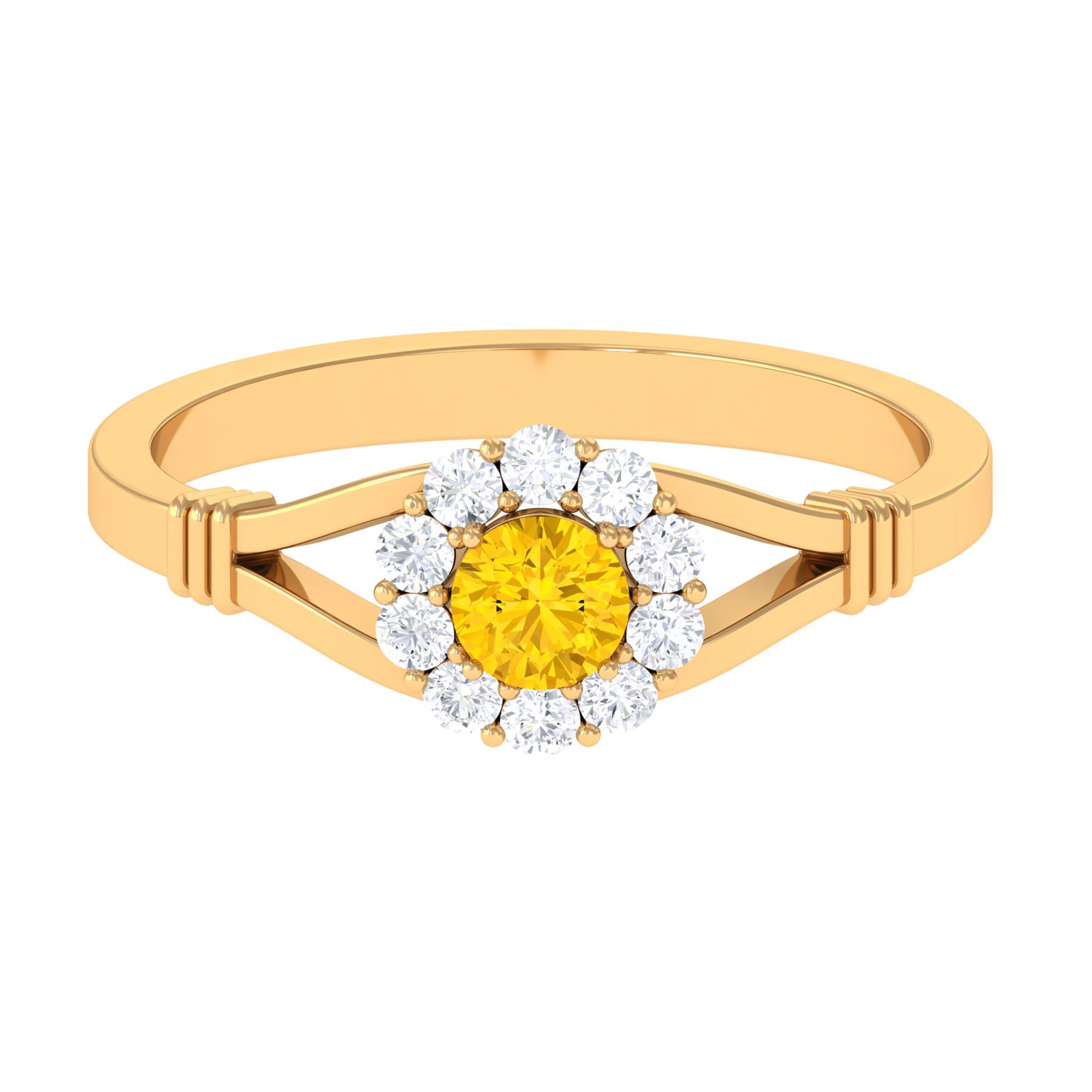 Rosec Jewels-Split Shank Yellow Sapphire and Diamond Halo Engagement Ring