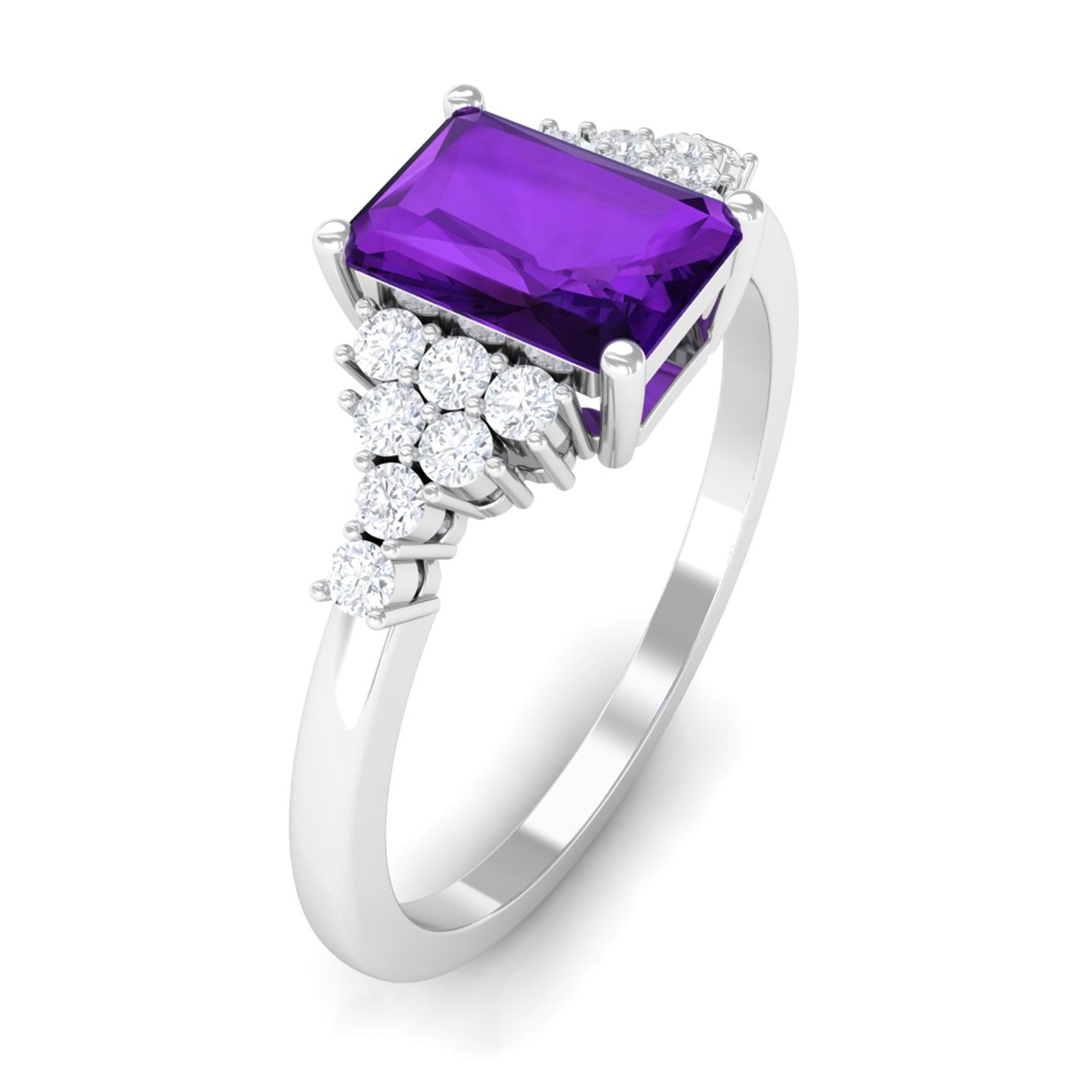 Rosec Jewels-Octagon Cut Amethyst Solitaire Engagement Ring with Diamond