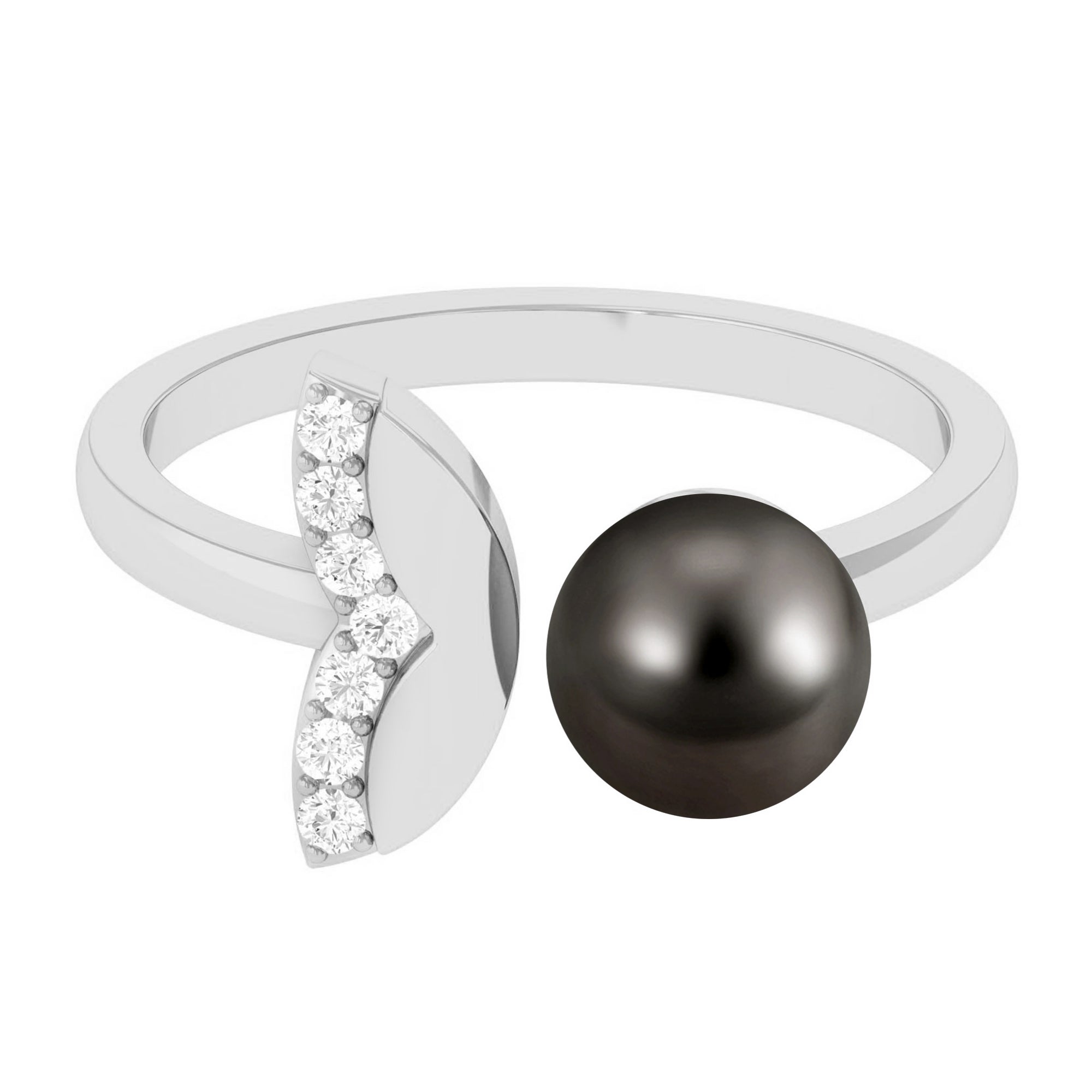 Rosec Jewels-Round Tahitian Pearl Solitaire Cuff Engagement Ring with Diamond