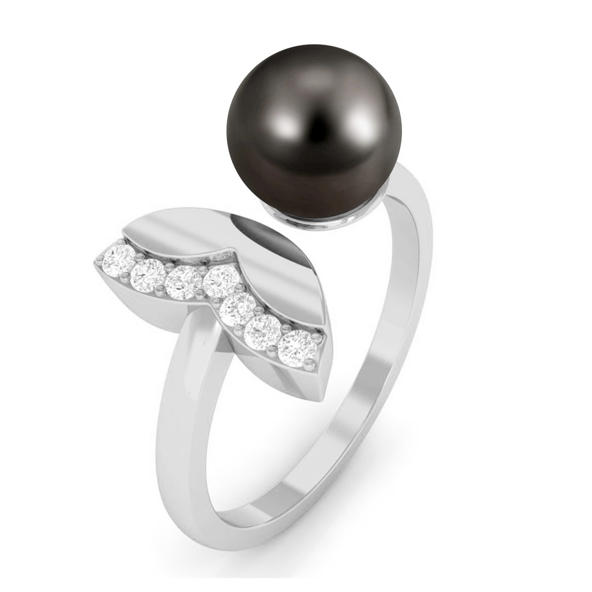 Rosec Jewels-Round Tahitian Pearl Solitaire Cuff Engagement Ring with Diamond