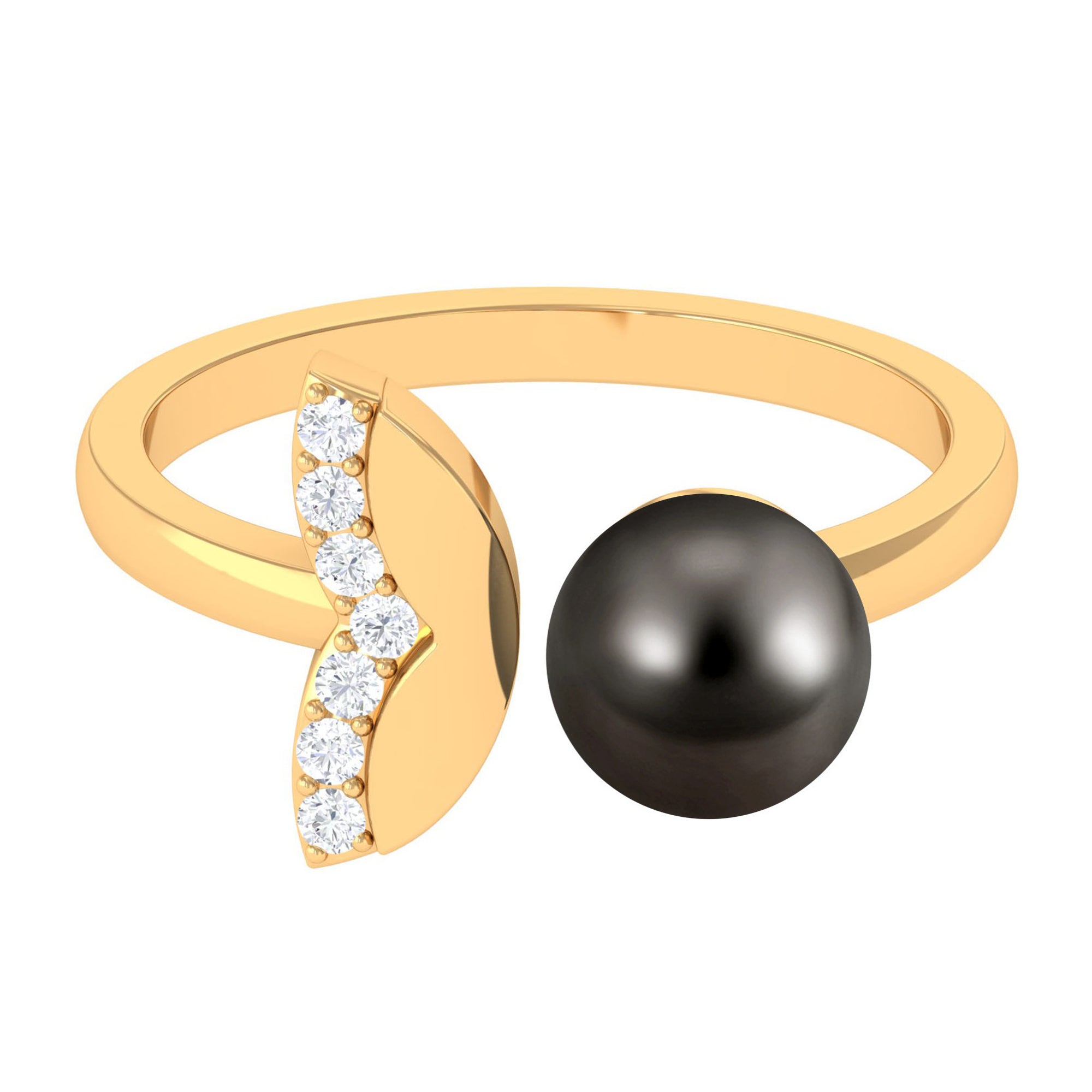 Rosec Jewels-Round Tahitian Pearl Solitaire Cuff Engagement Ring with Diamond