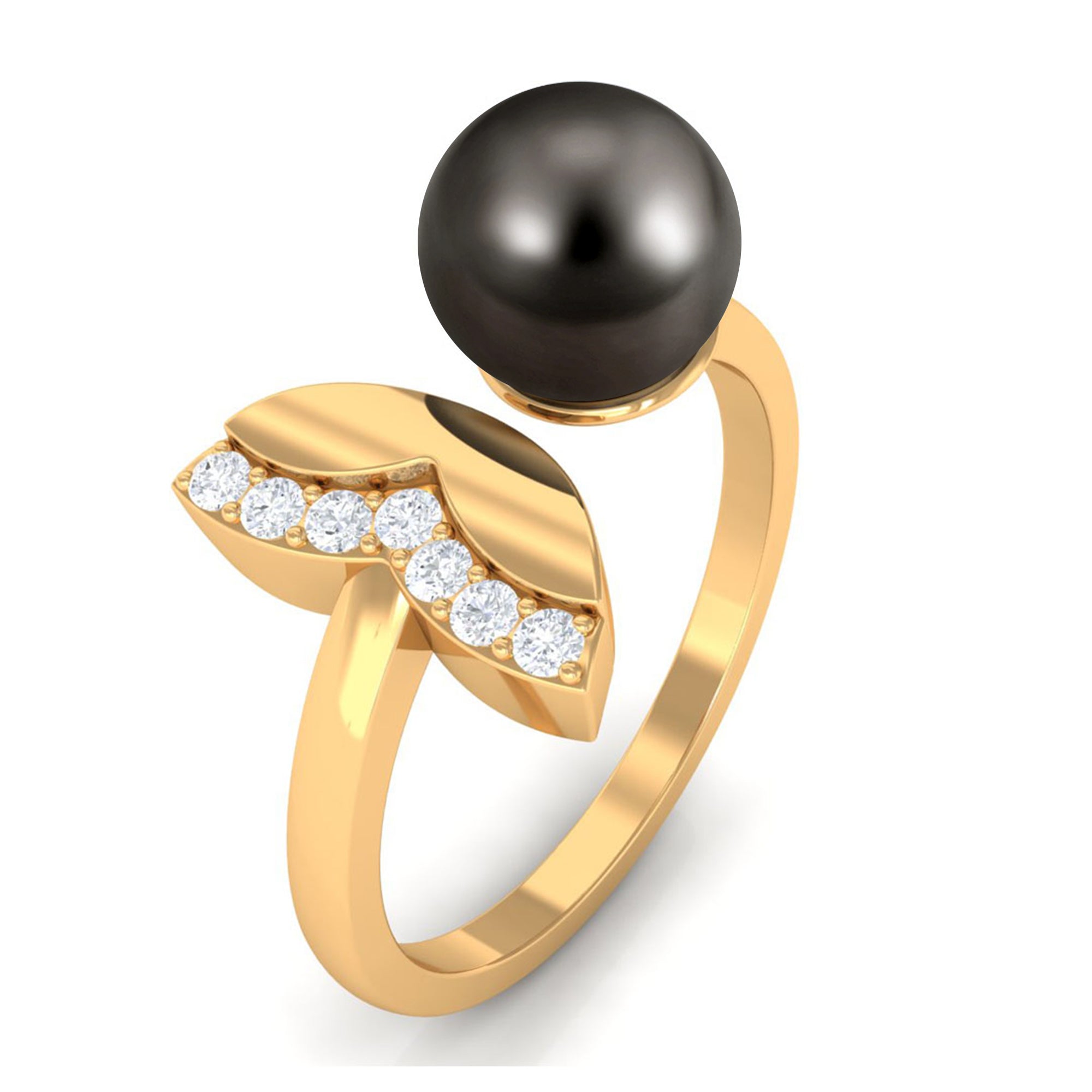 Rosec Jewels-Round Tahitian Pearl Solitaire Cuff Engagement Ring with Diamond