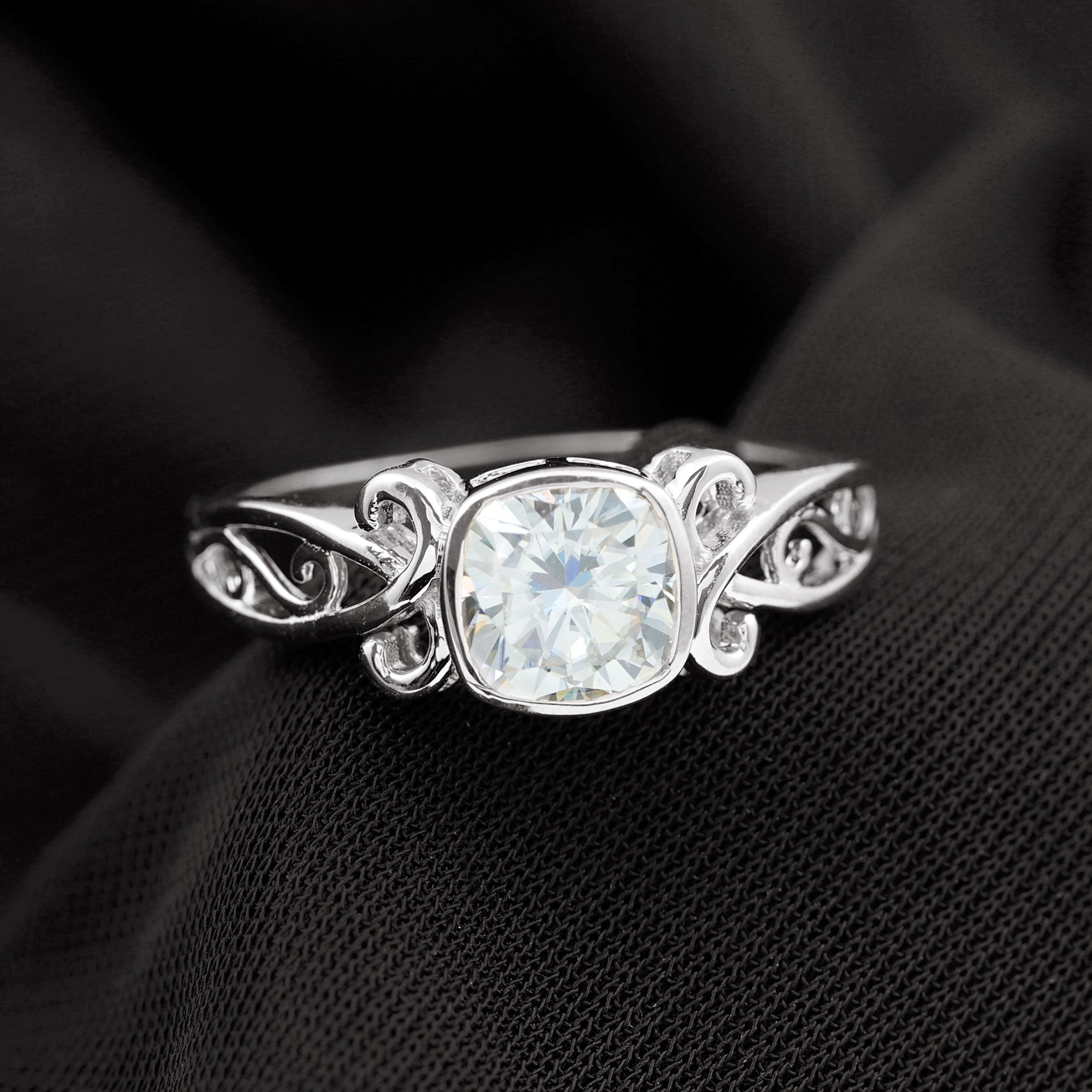 Rosec Jewels-Cushion Cut Cubic Zirconia Vintage Inspired Solitaire Ring in Bezel Setting