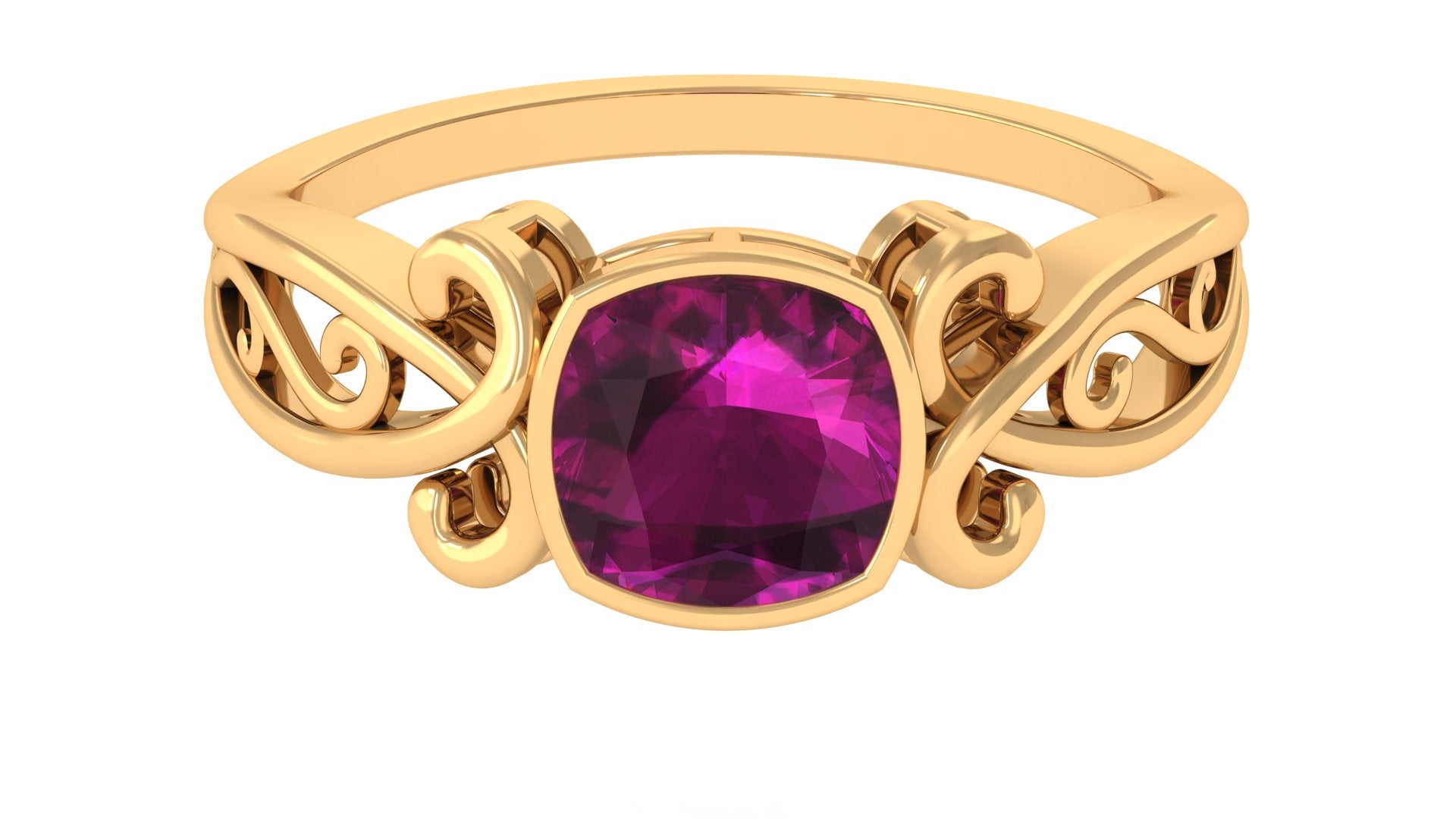 Rosec Jewels-Vintage Style Cushion Cut Rhodolite Solitaire Ring in Bezel Setting