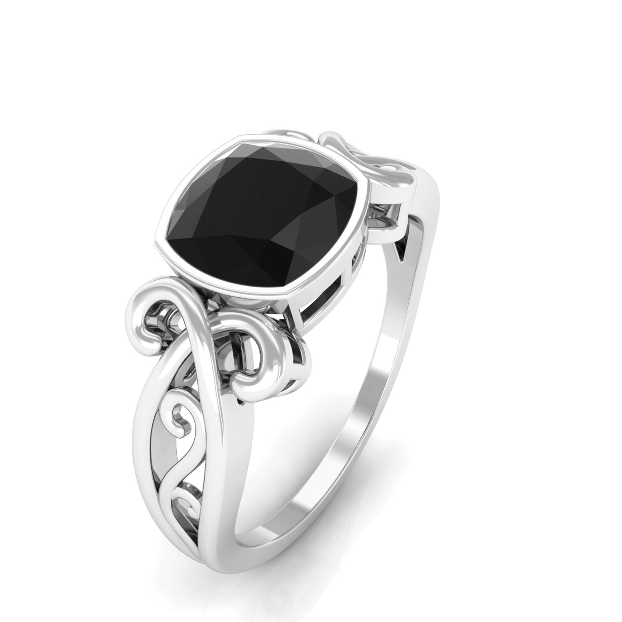 Rosec Jewels-Vintage Style Cushion Black Onyx Solitaire Ring in Bezel Setting