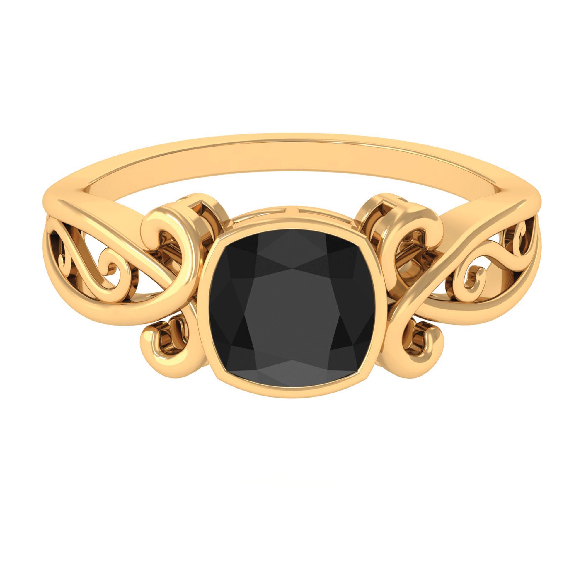 Rosec Jewels-Vintage Style Cushion Black Onyx Solitaire Ring in Bezel Setting