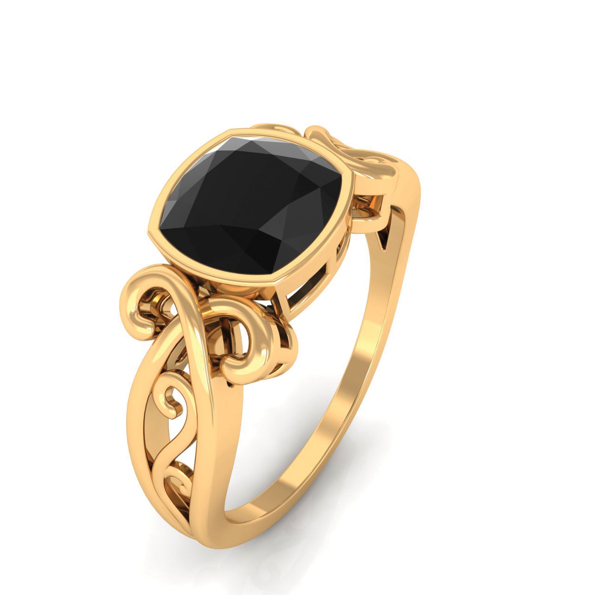 Rosec Jewels-Vintage Style Cushion Black Onyx Solitaire Ring in Bezel Setting