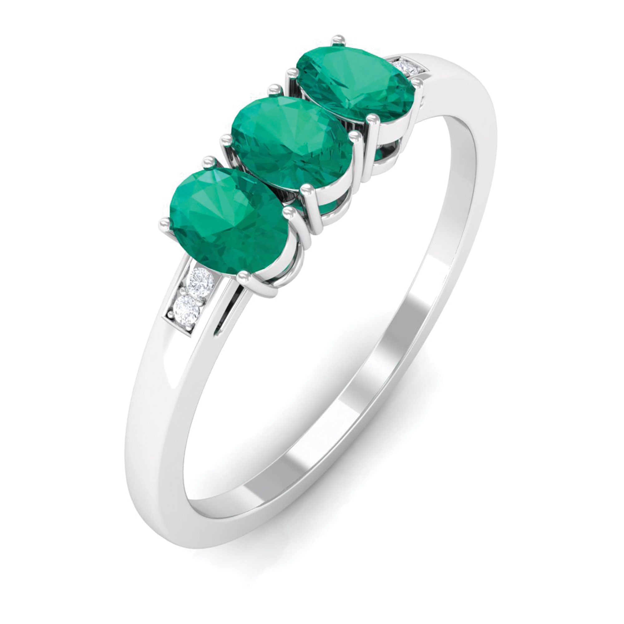 Rosec Jewels-Oval Shape Natural Emerald Three Stone Engagement Ring with Diamond