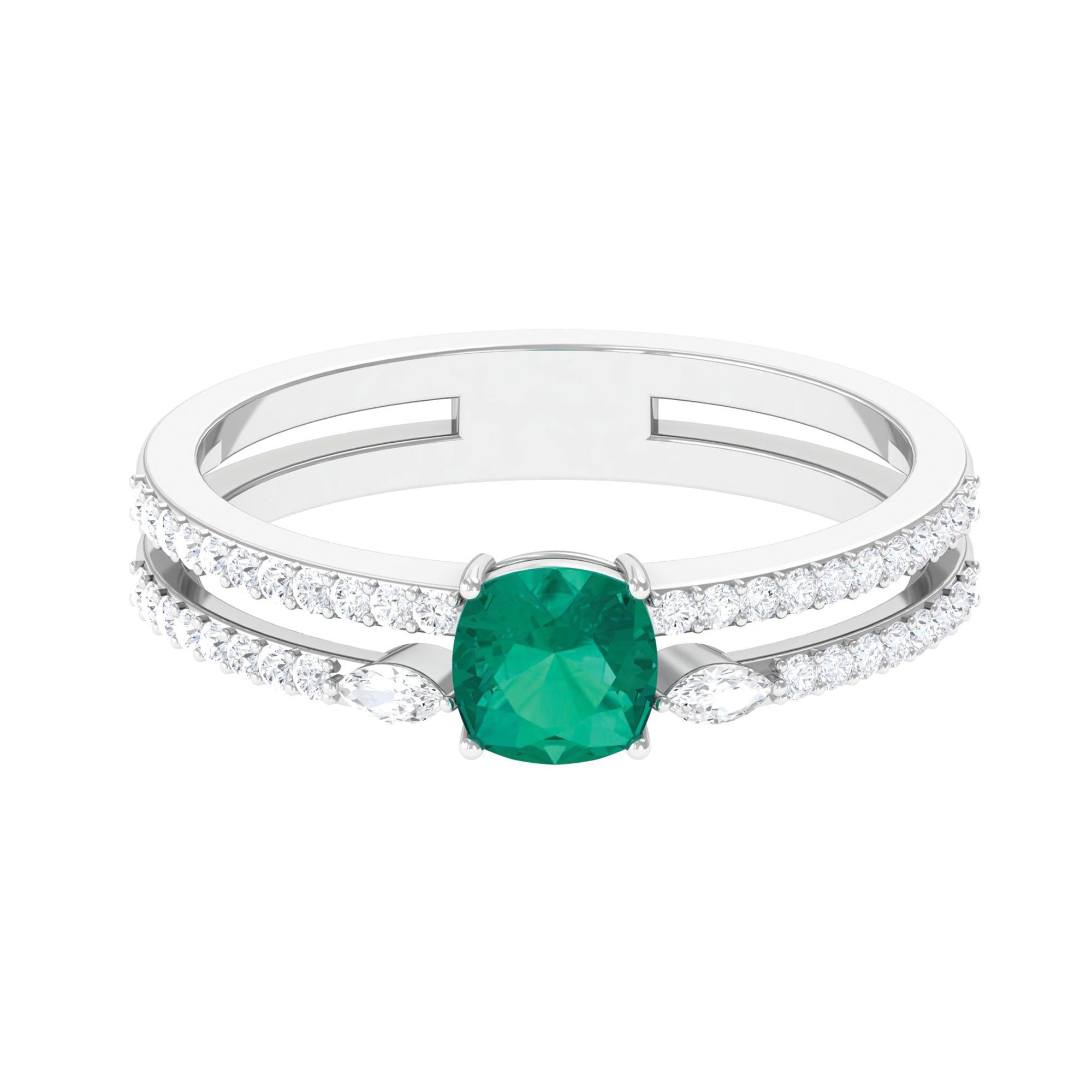 Rosec Jewels-Cushion shape Emerald and Diamond Anniversary Double Band Ring