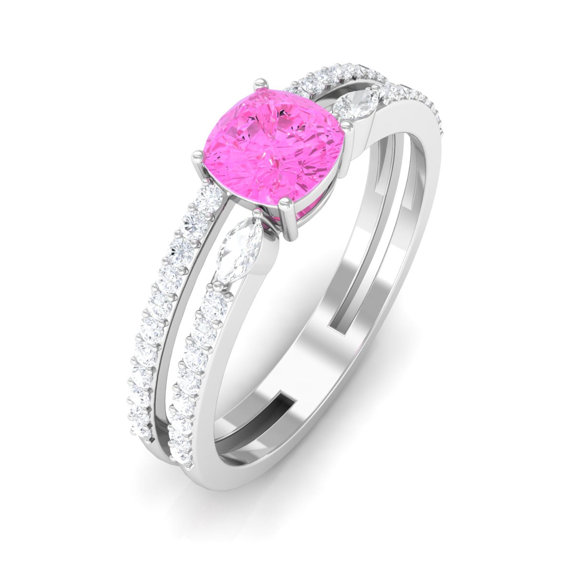 Rosec Jewels-Created Pink Sapphire and Diamond Anniversary Double Band Ring