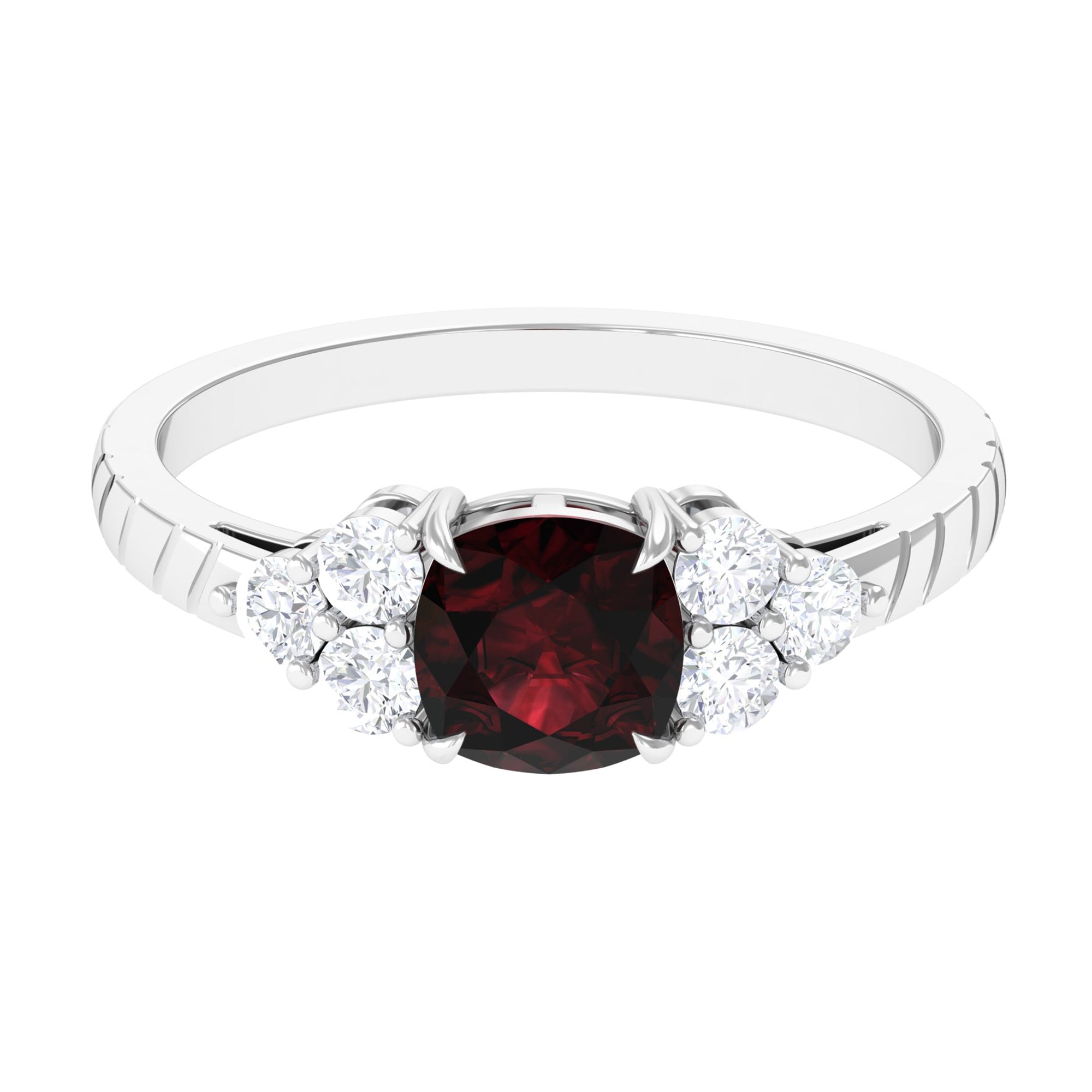 Rosec Jewels-Cushion Cut Garnet Solitaire Engagement Ring with Diamond Trio