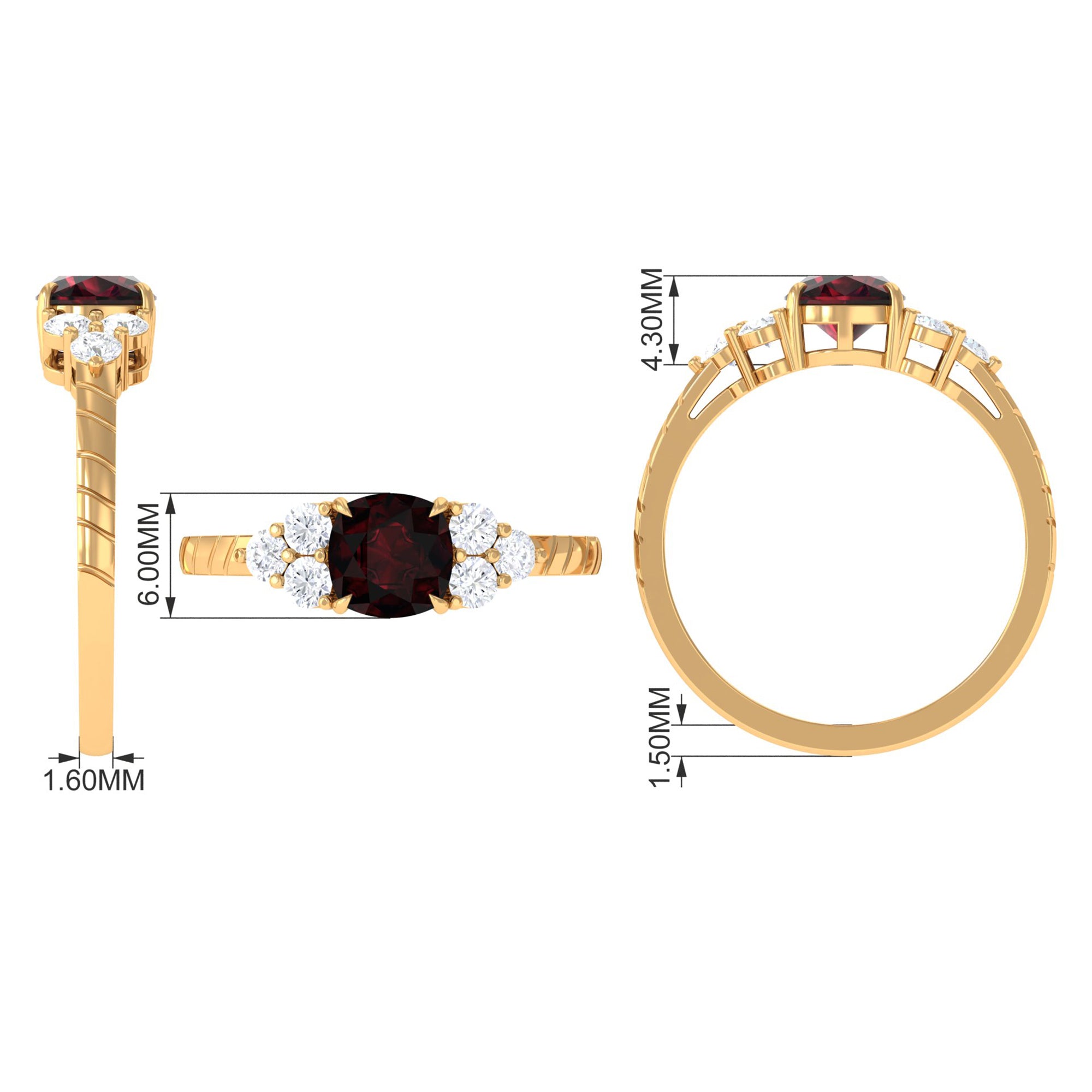 Rosec Jewels-Cushion Cut Garnet Solitaire Engagement Ring with Diamond Trio