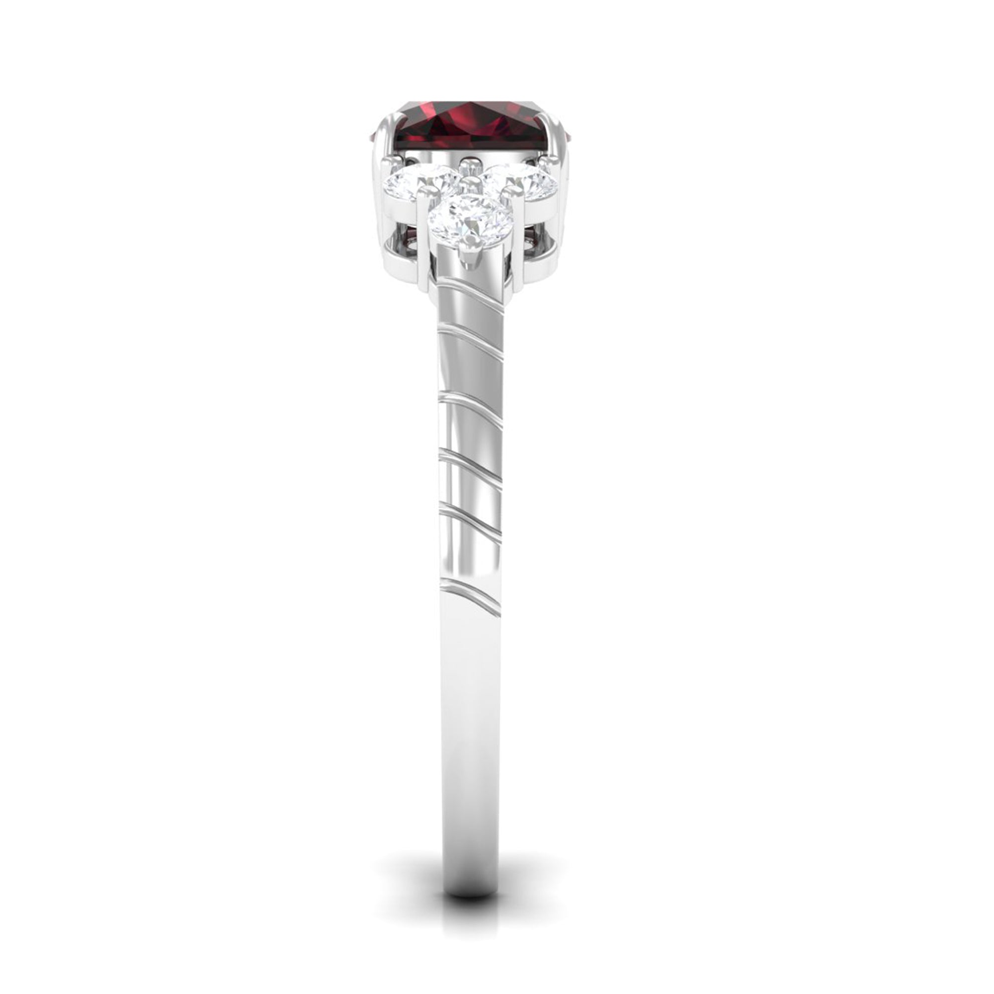 Rosec Jewels-Cushion Cut Garnet Solitaire Engagement Ring with Diamond Trio