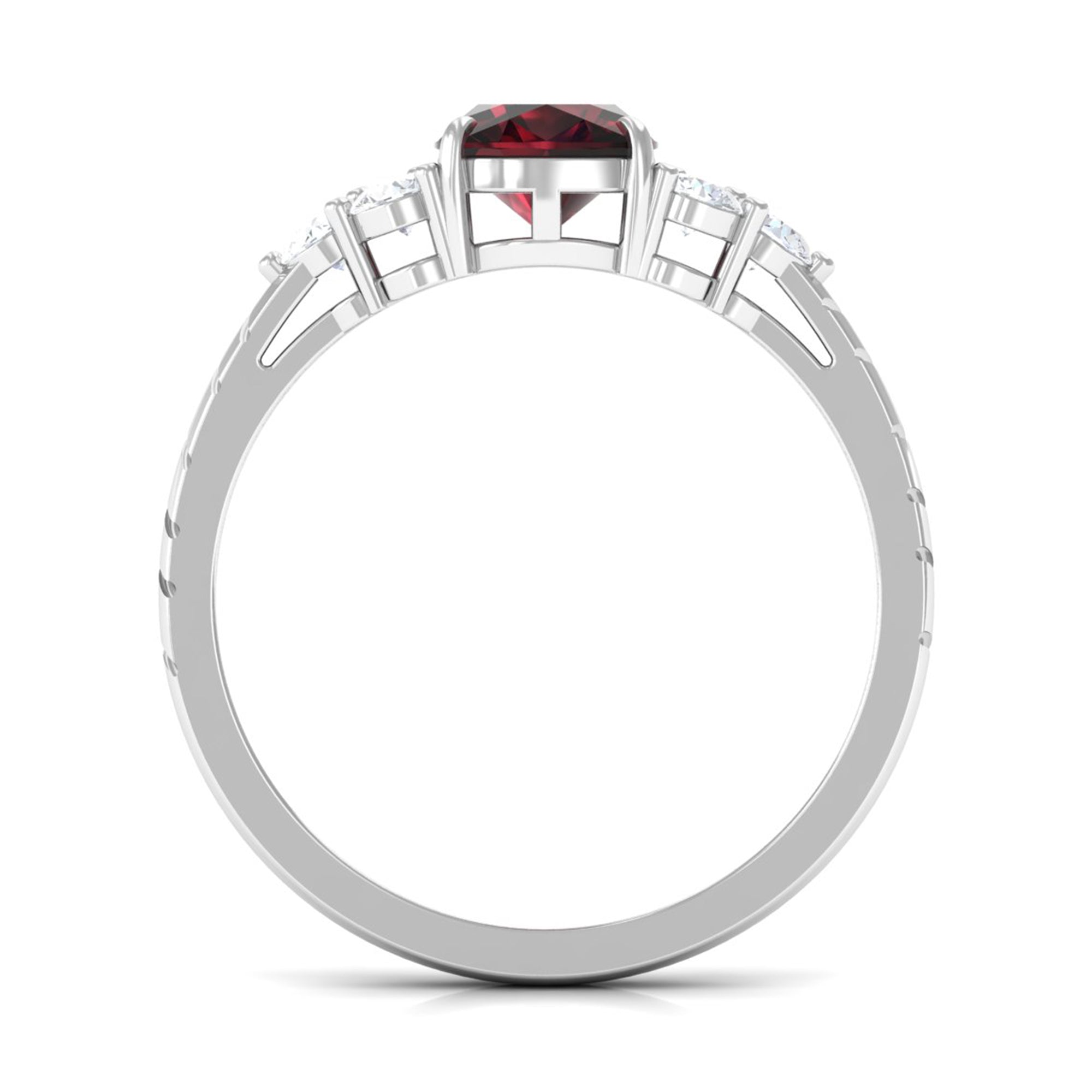 Rosec Jewels-Cushion Cut Garnet Solitaire Engagement Ring with Diamond Trio