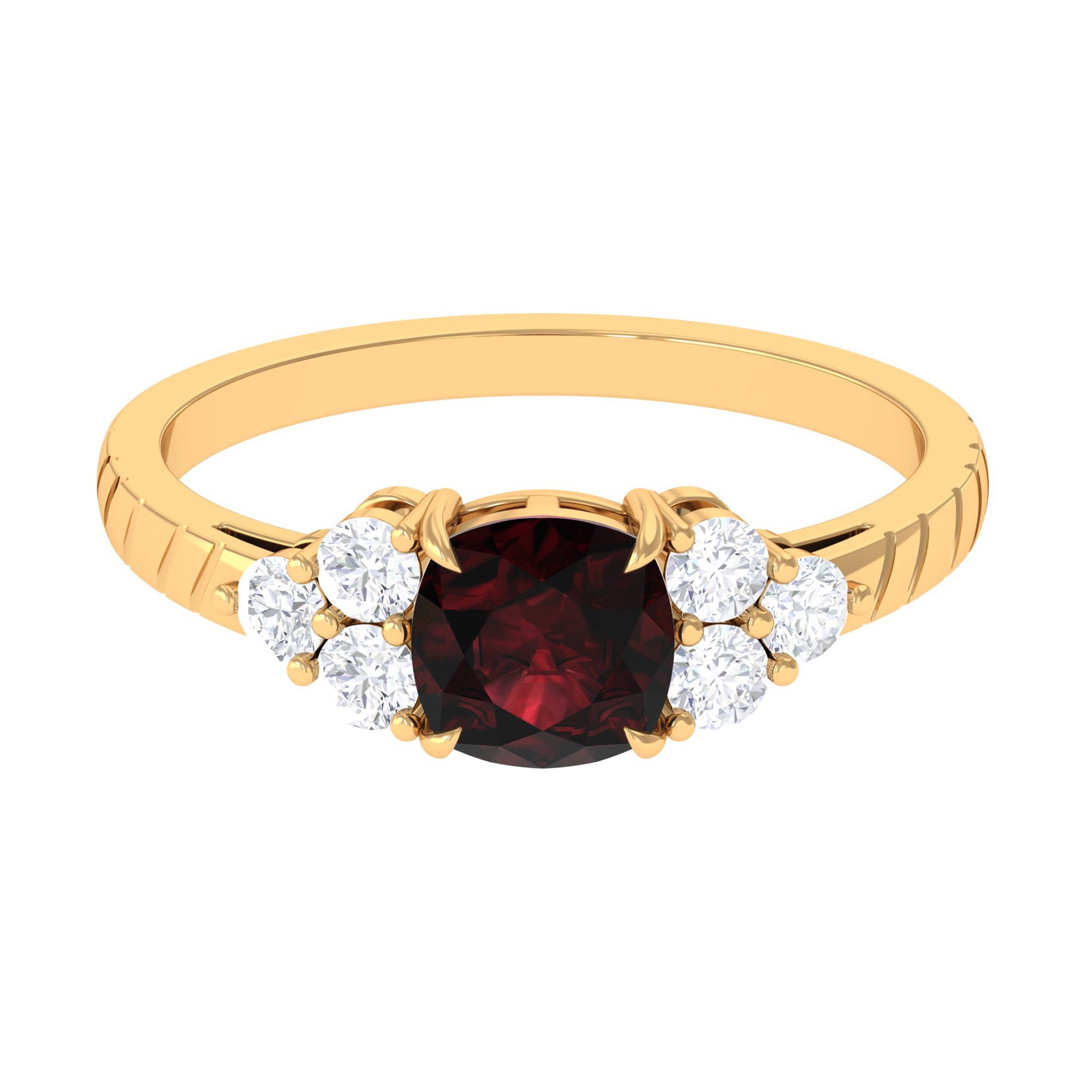 Rosec Jewels-Cushion Cut Garnet Solitaire Engagement Ring with Diamond Trio