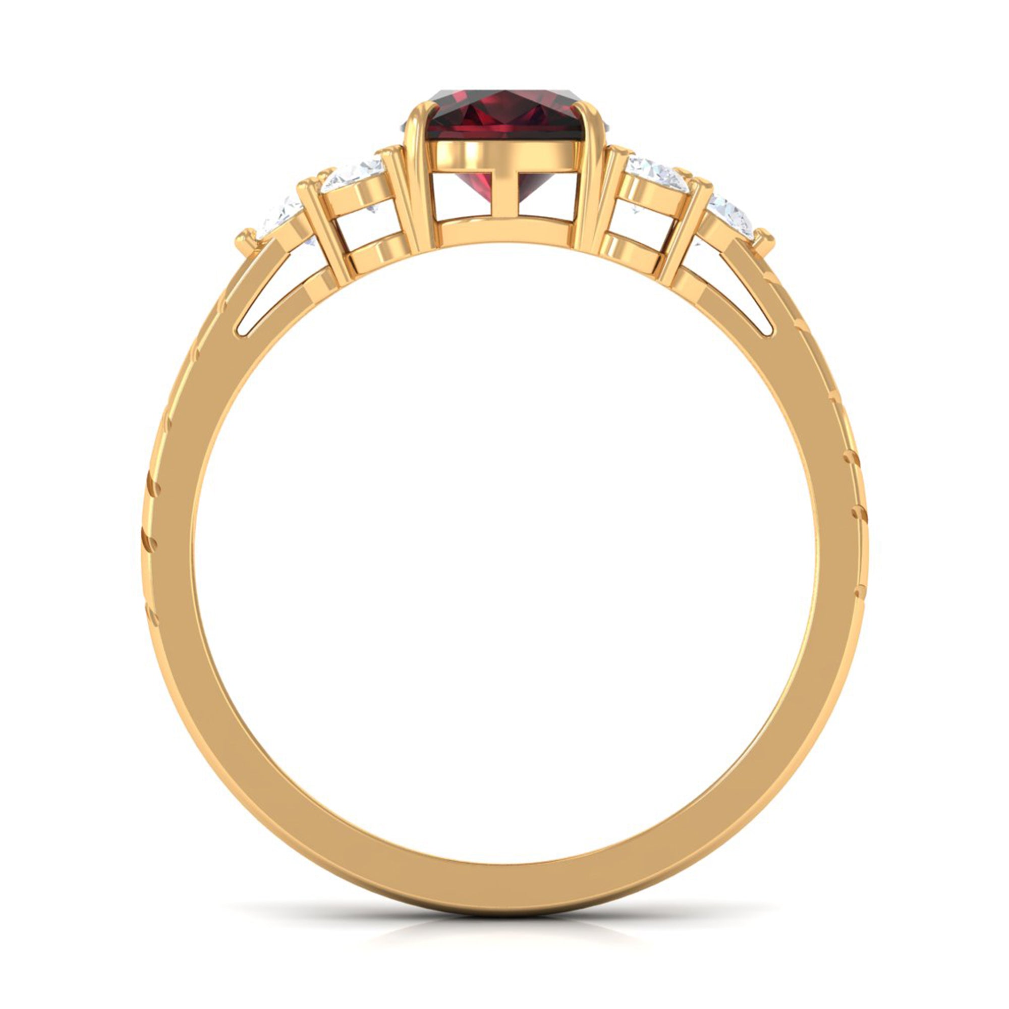 Rosec Jewels-Cushion Cut Garnet Solitaire Engagement Ring with Diamond Trio