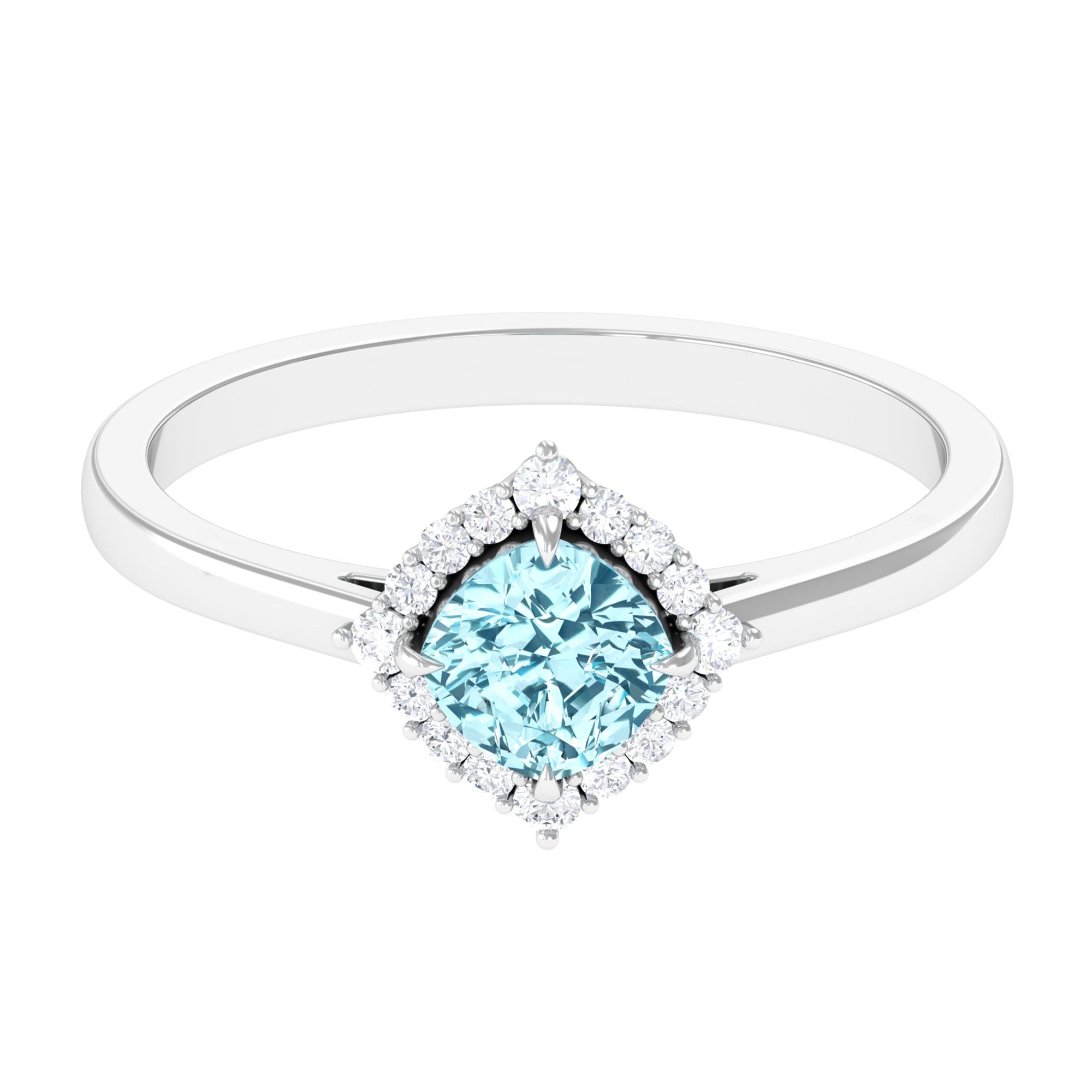 Rosec Jewels-Cushion Cut Aquamarine and Diamond Halo Engagement Ring