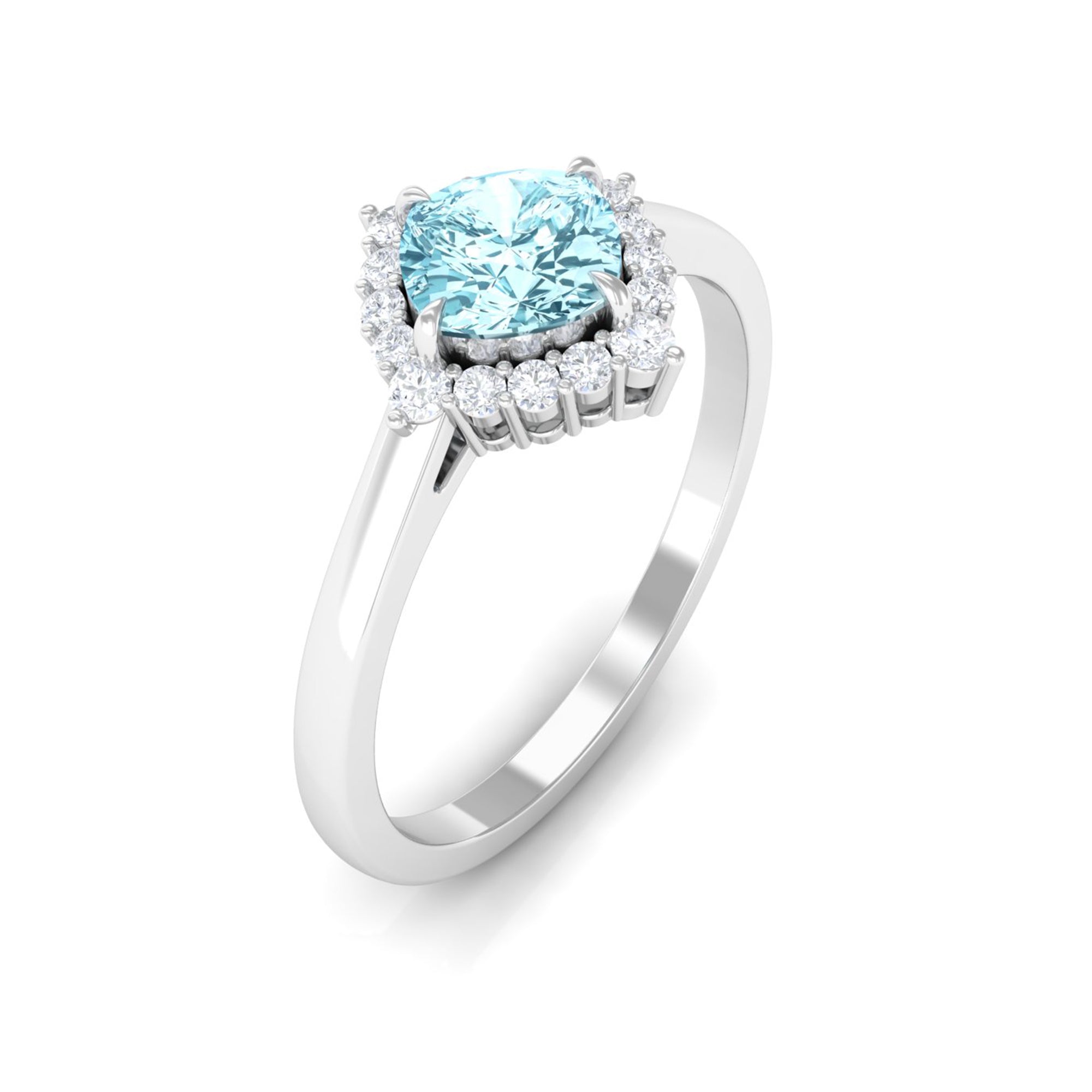 Rosec Jewels-Cushion Cut Aquamarine and Diamond Halo Engagement Ring