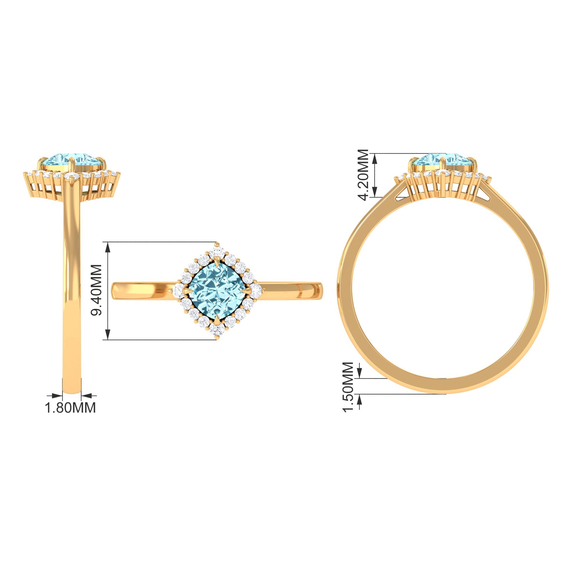 Rosec Jewels-Cushion Cut Aquamarine and Diamond Halo Engagement Ring