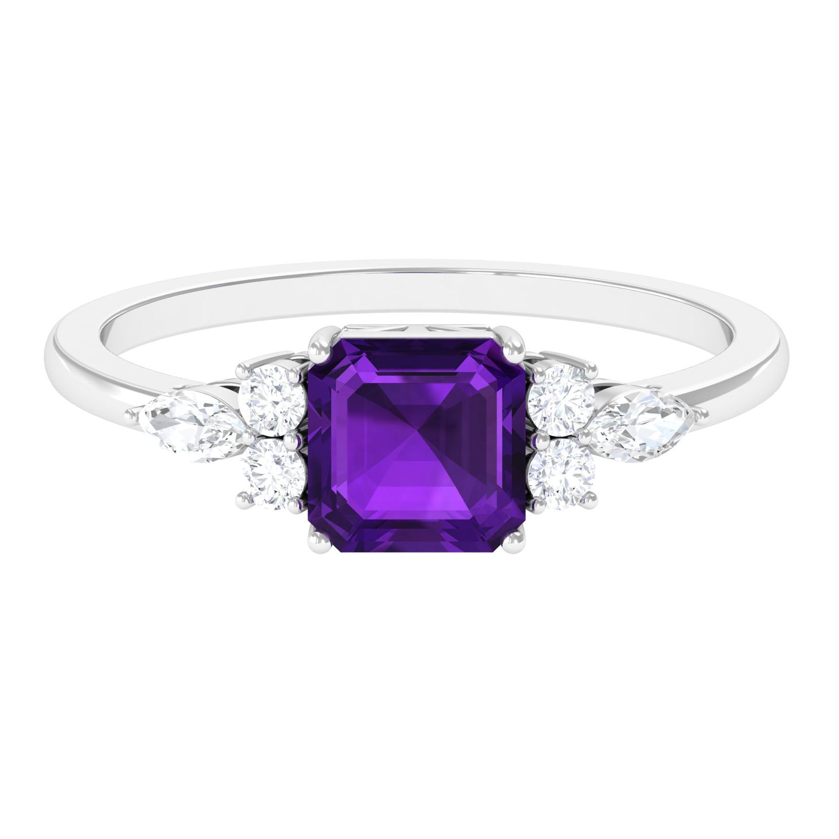 Rosec Jewels-Asscher Cut Amethyst Solitaire Engagement Ring with Diamond Trio