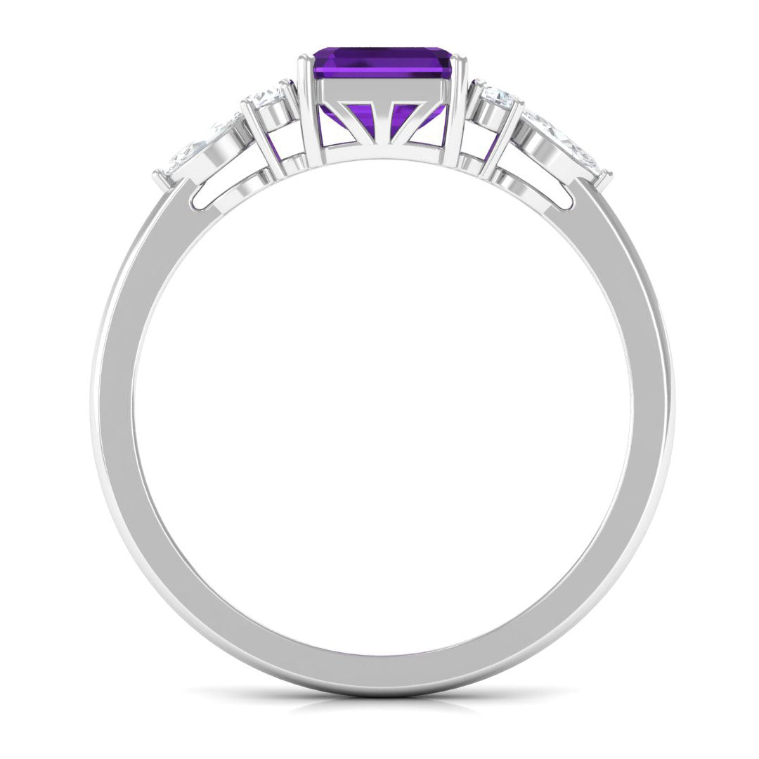 Rosec Jewels-Asscher Cut Amethyst Solitaire Engagement Ring with Diamond Trio