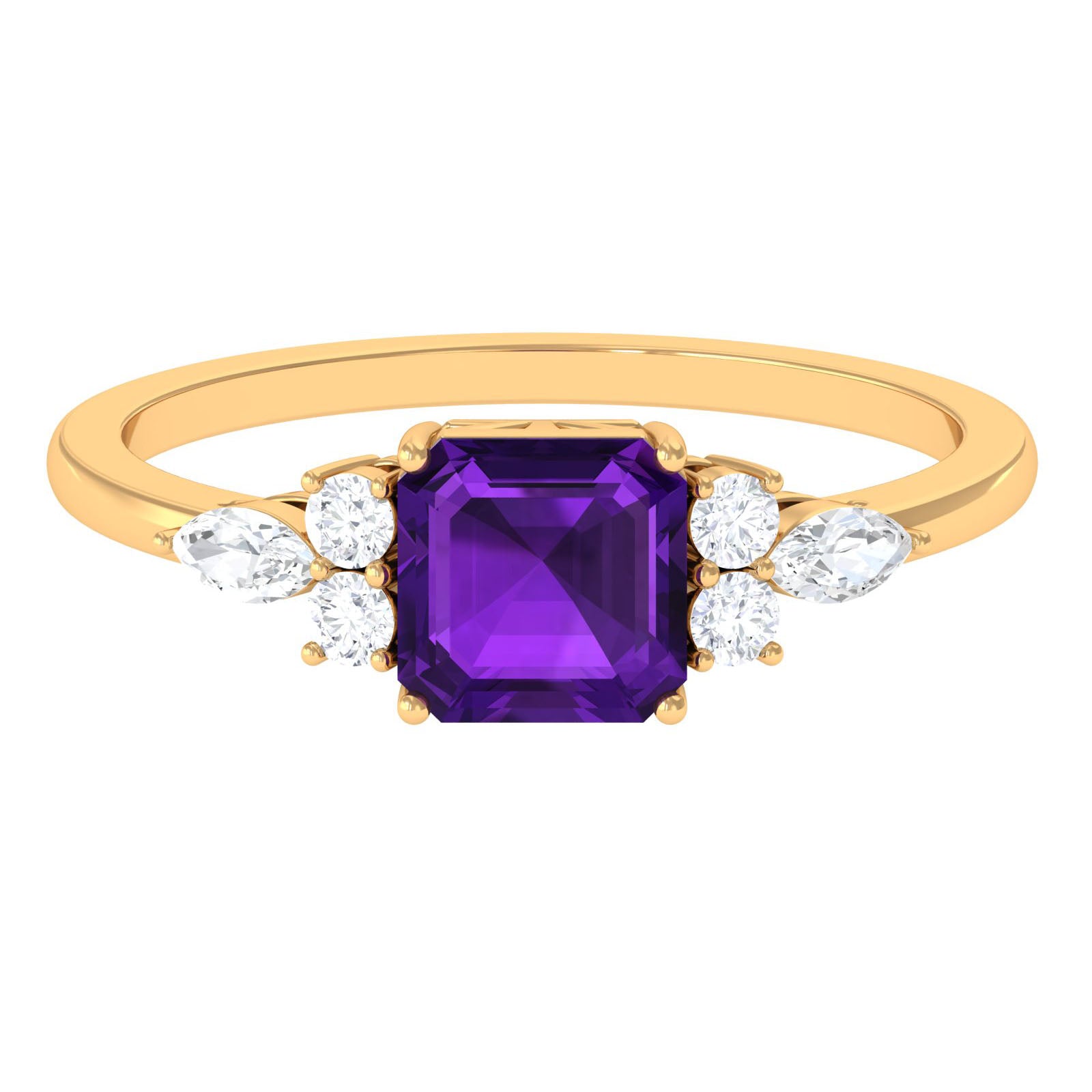 Rosec Jewels-Asscher Cut Amethyst Solitaire Engagement Ring with Diamond Trio