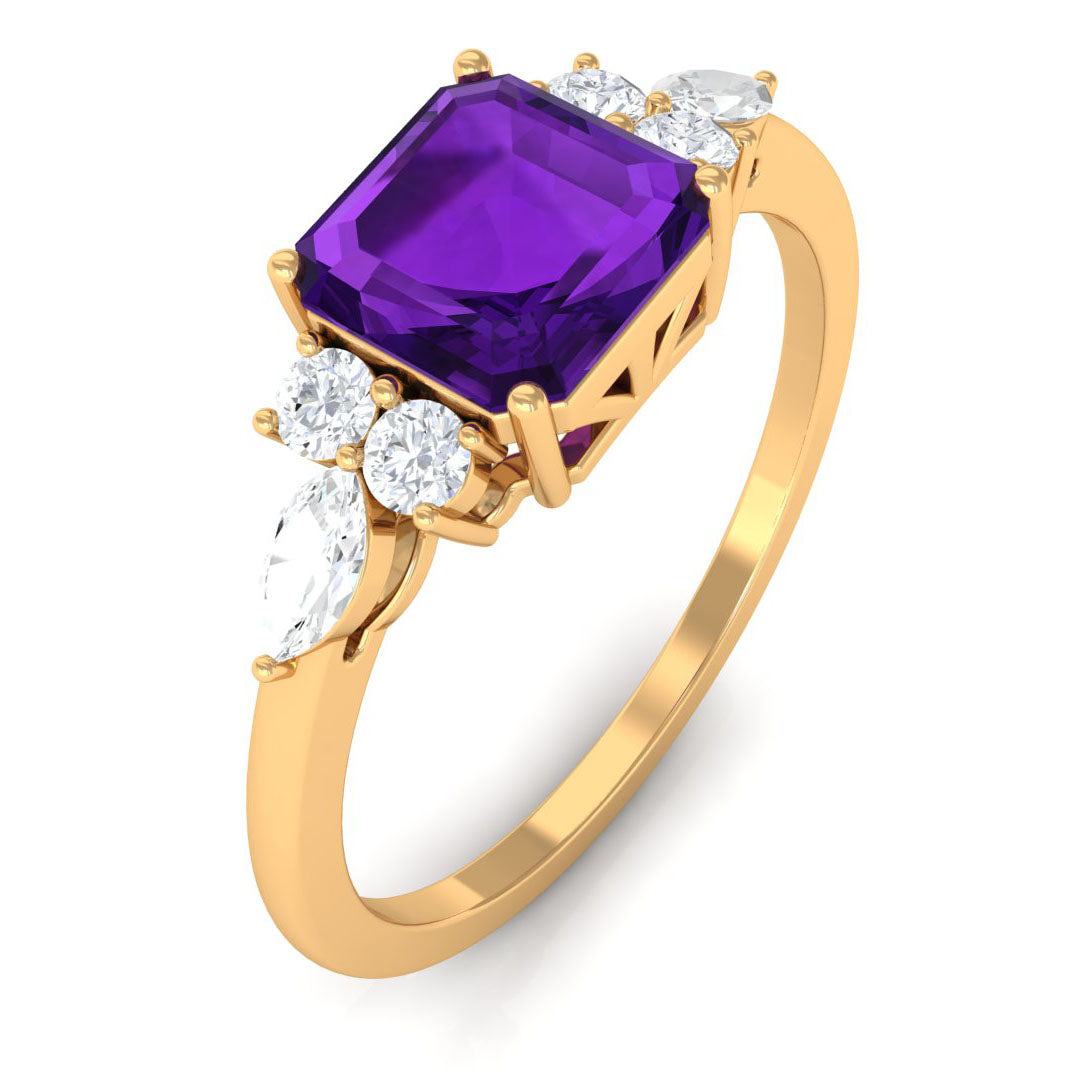 Rosec Jewels-Asscher Cut Amethyst Solitaire Engagement Ring with Diamond Trio