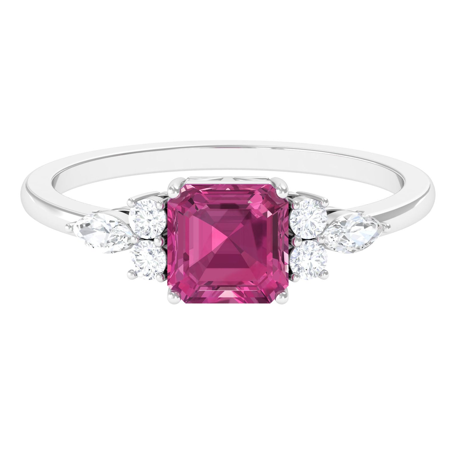 Rosec Jewels-Asscher Cut Pink Tourmaline Solitaire Engagement Ring with Diamond Trio