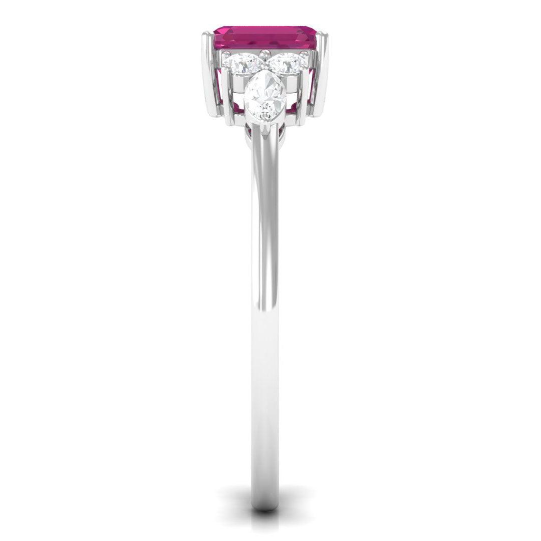 Rosec Jewels-Asscher Cut Pink Tourmaline Solitaire Engagement Ring with Diamond Trio