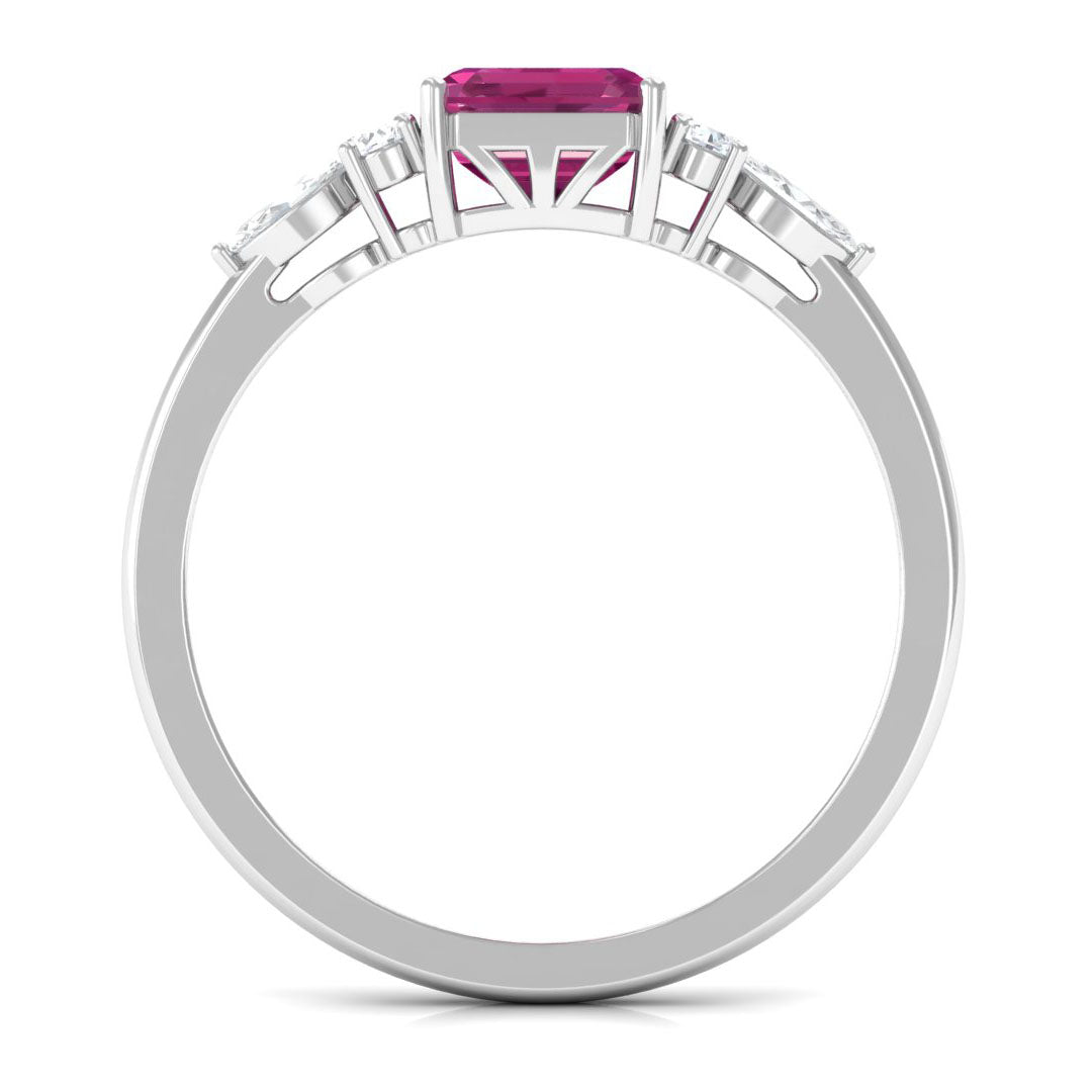 Rosec Jewels-Asscher Cut Pink Tourmaline Solitaire Engagement Ring with Diamond Trio