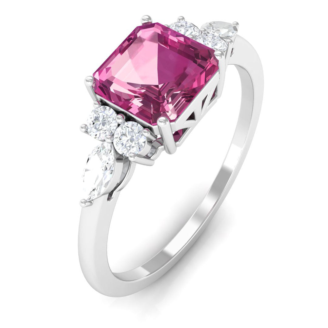 Rosec Jewels-Asscher Cut Pink Tourmaline Solitaire Engagement Ring with Diamond Trio