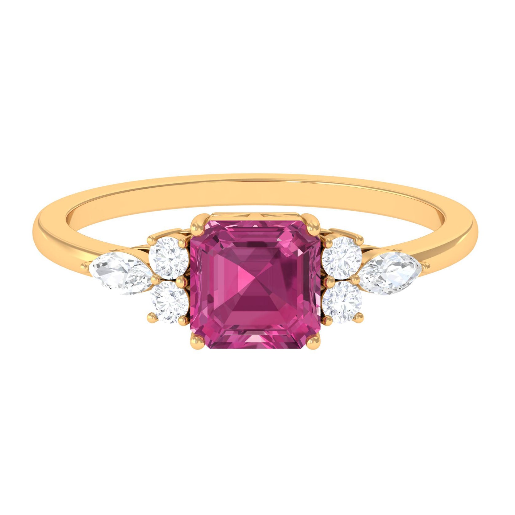 Rosec Jewels-Asscher Cut Pink Tourmaline Solitaire Engagement Ring with Diamond Trio