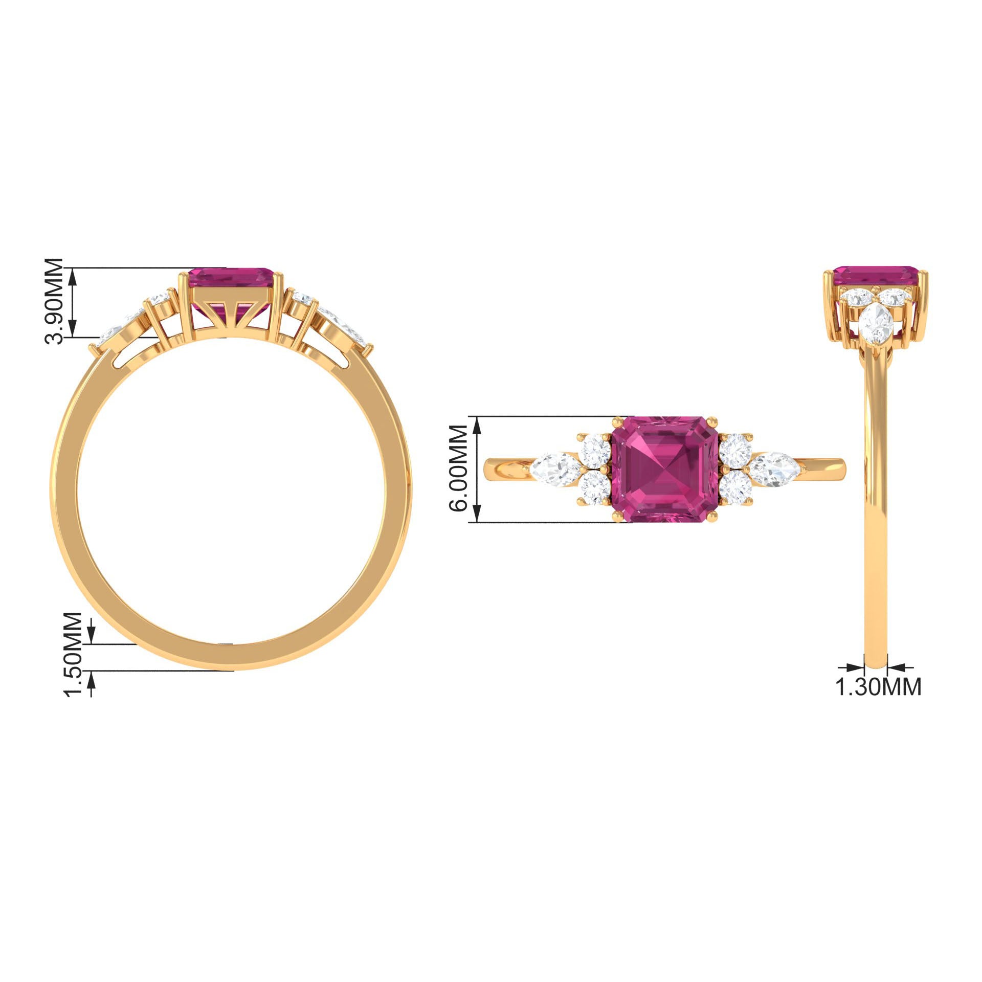 Rosec Jewels-Asscher Cut Pink Tourmaline Solitaire Engagement Ring with Diamond Trio