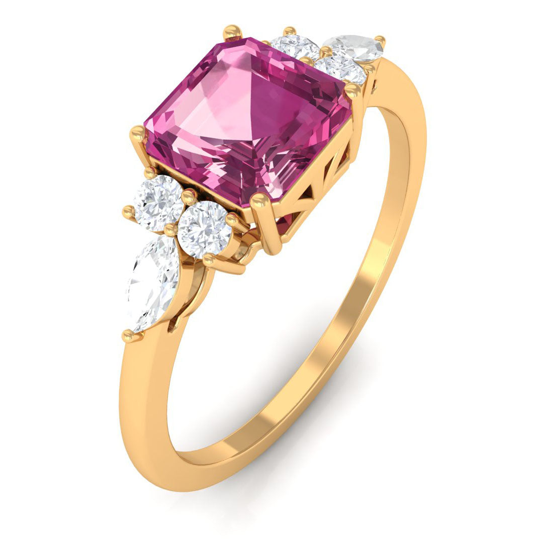 Rosec Jewels-Asscher Cut Pink Tourmaline Solitaire Engagement Ring with Diamond Trio