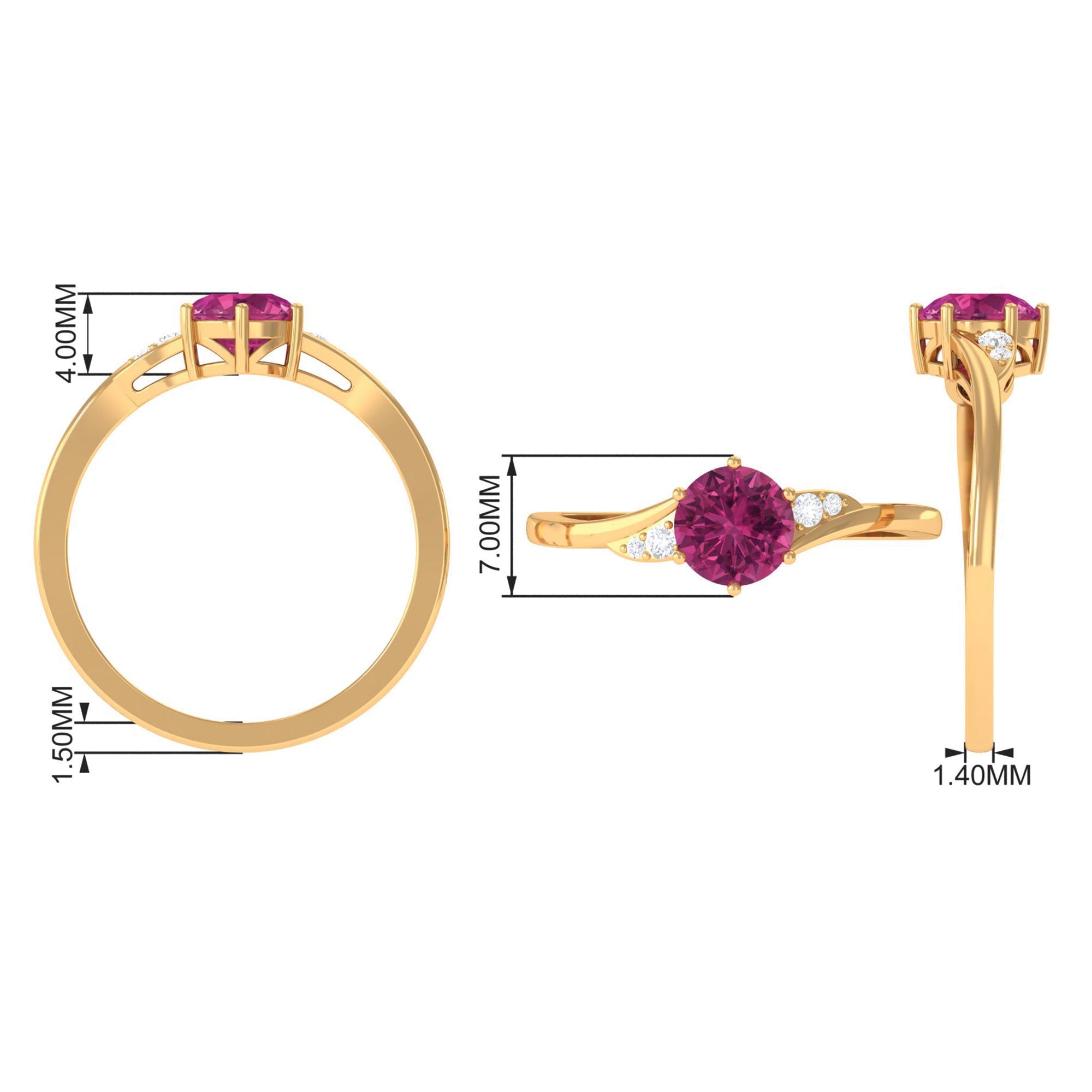 Rosec Jewels-Round Shape Pink Tourmaline Solitaire Ring with Diamond