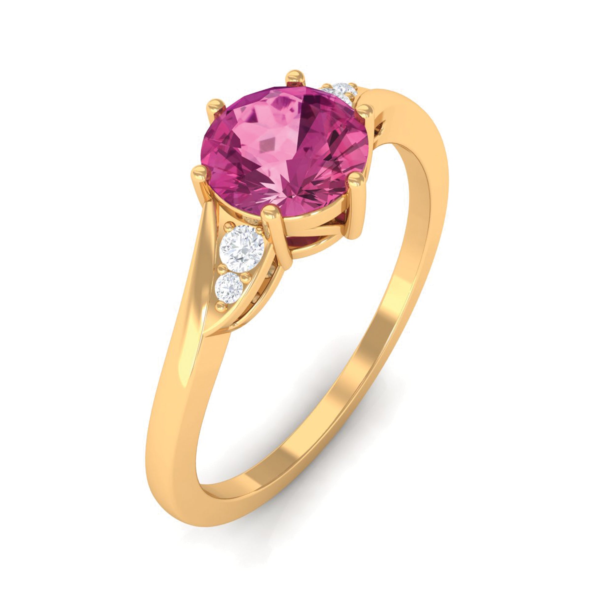 Rosec Jewels-Round Shape Pink Tourmaline Solitaire Ring with Diamond