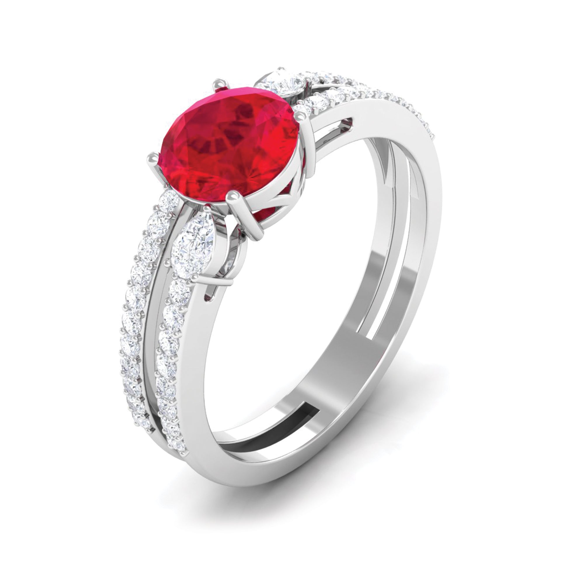 Rosec Jewels-Solitaire Created Ruby Double Band Engagement Ring with Diamond