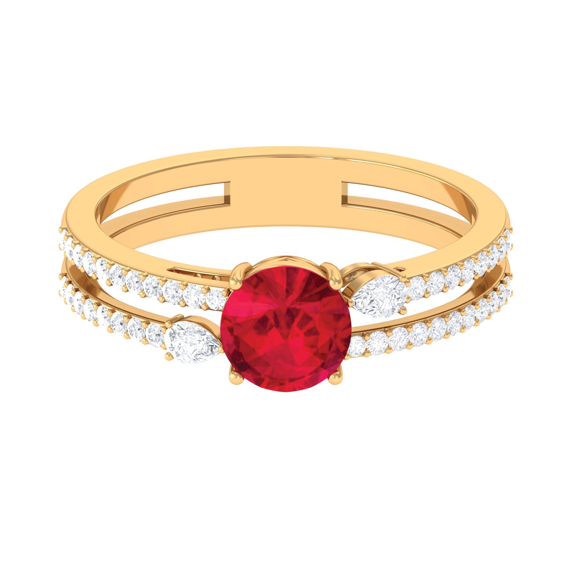 Rosec Jewels-Solitaire Created Ruby Double Band Engagement Ring with Diamond