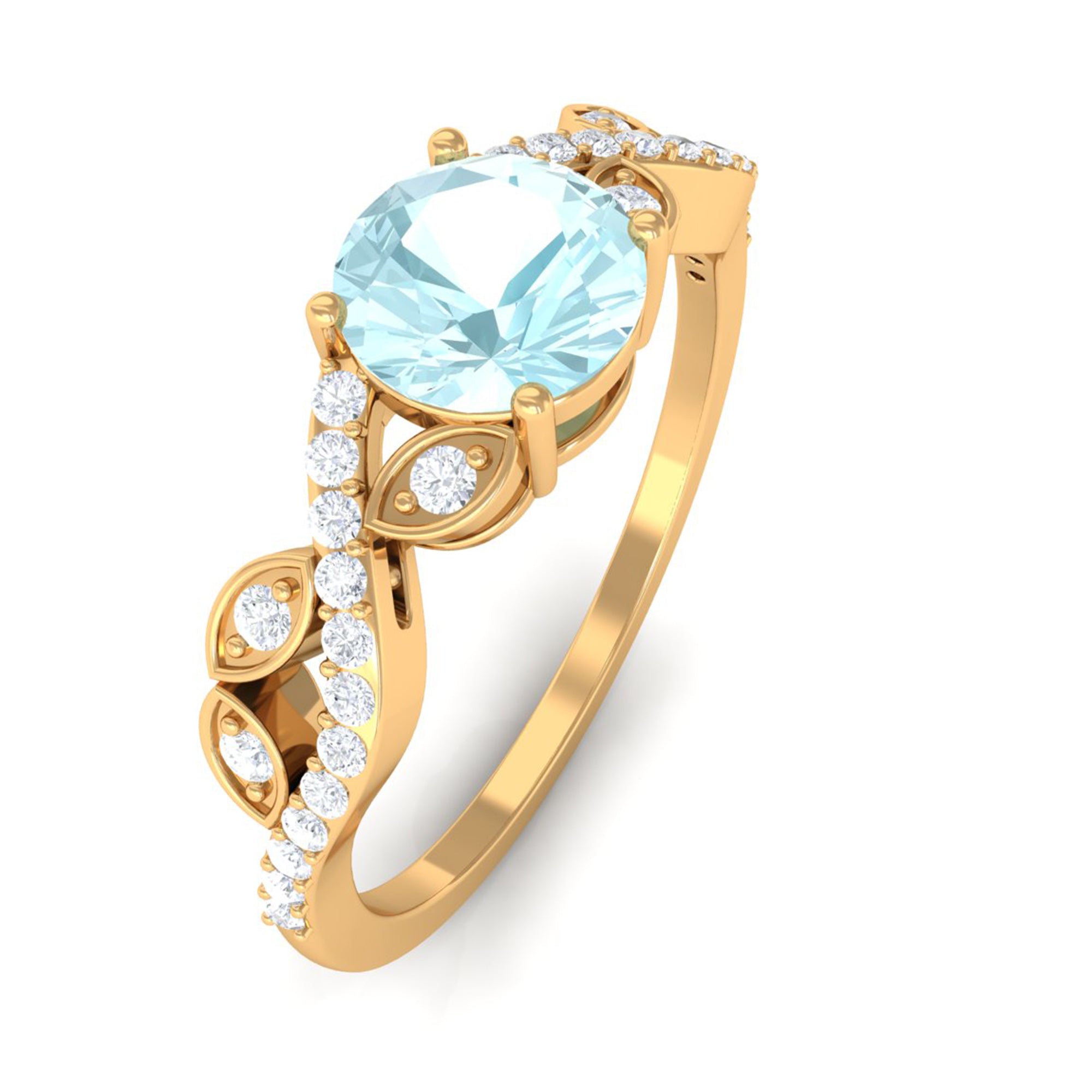 Rosec Jewels-Round Sky Blue Topaz Designer Engagement Ring with Diamond