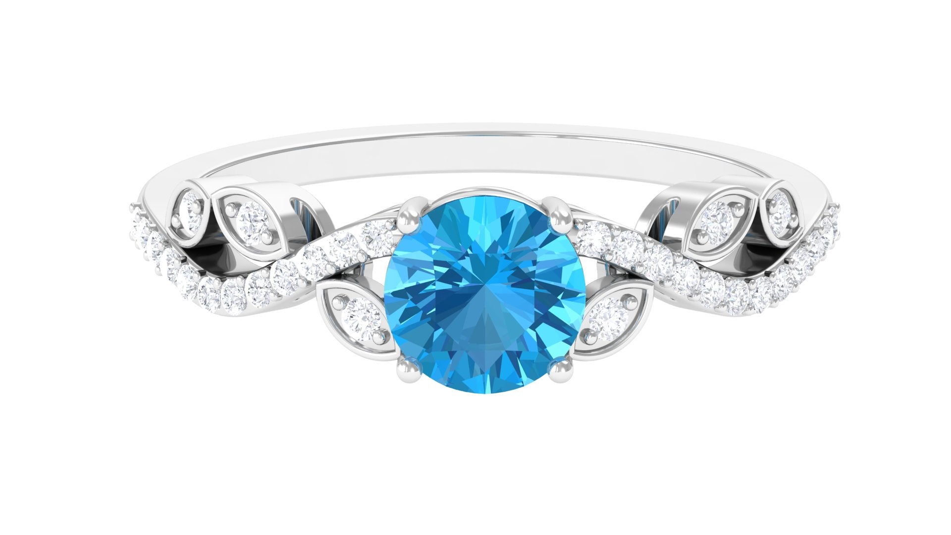 Rosec Jewels-Round Swiss Blue Topaz Designer Engagement Ring with Diamond