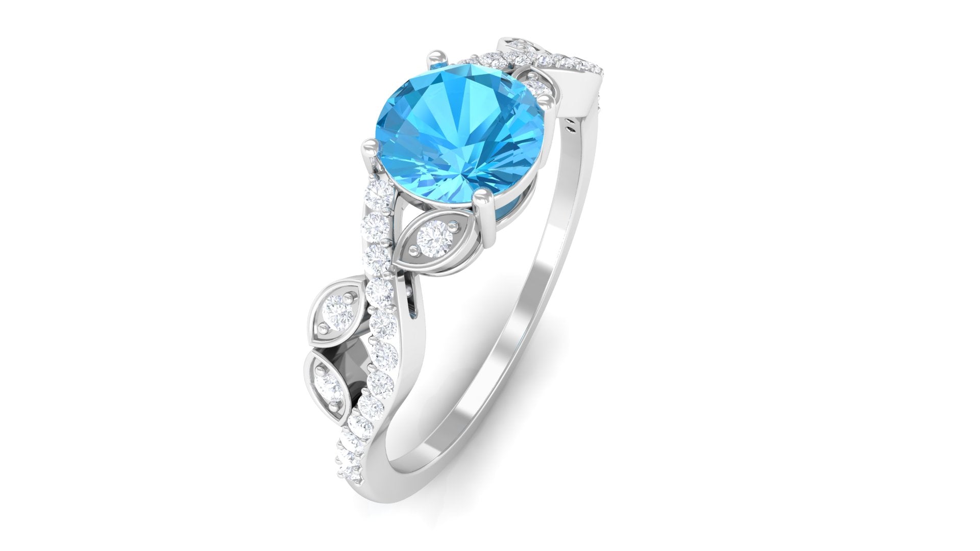 Rosec Jewels-Round Swiss Blue Topaz Designer Engagement Ring with Diamond